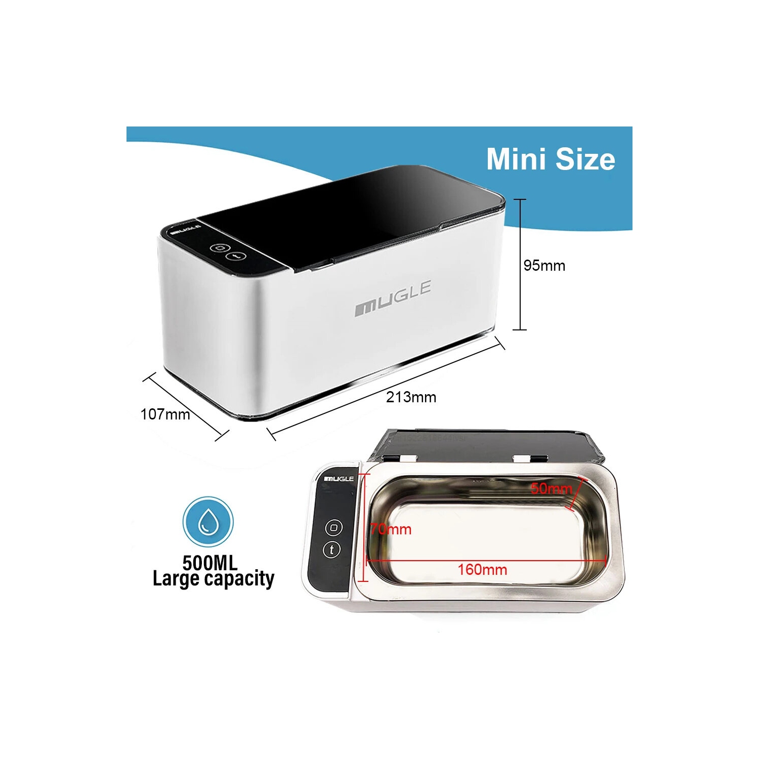 Mugle 40&nbsp;W – Nettoyeur à bijoux portatif 46&nbsp;kHz U1trasonic Vibration Power avec écran tactile 4 réglages de temps de nettoyage et 304