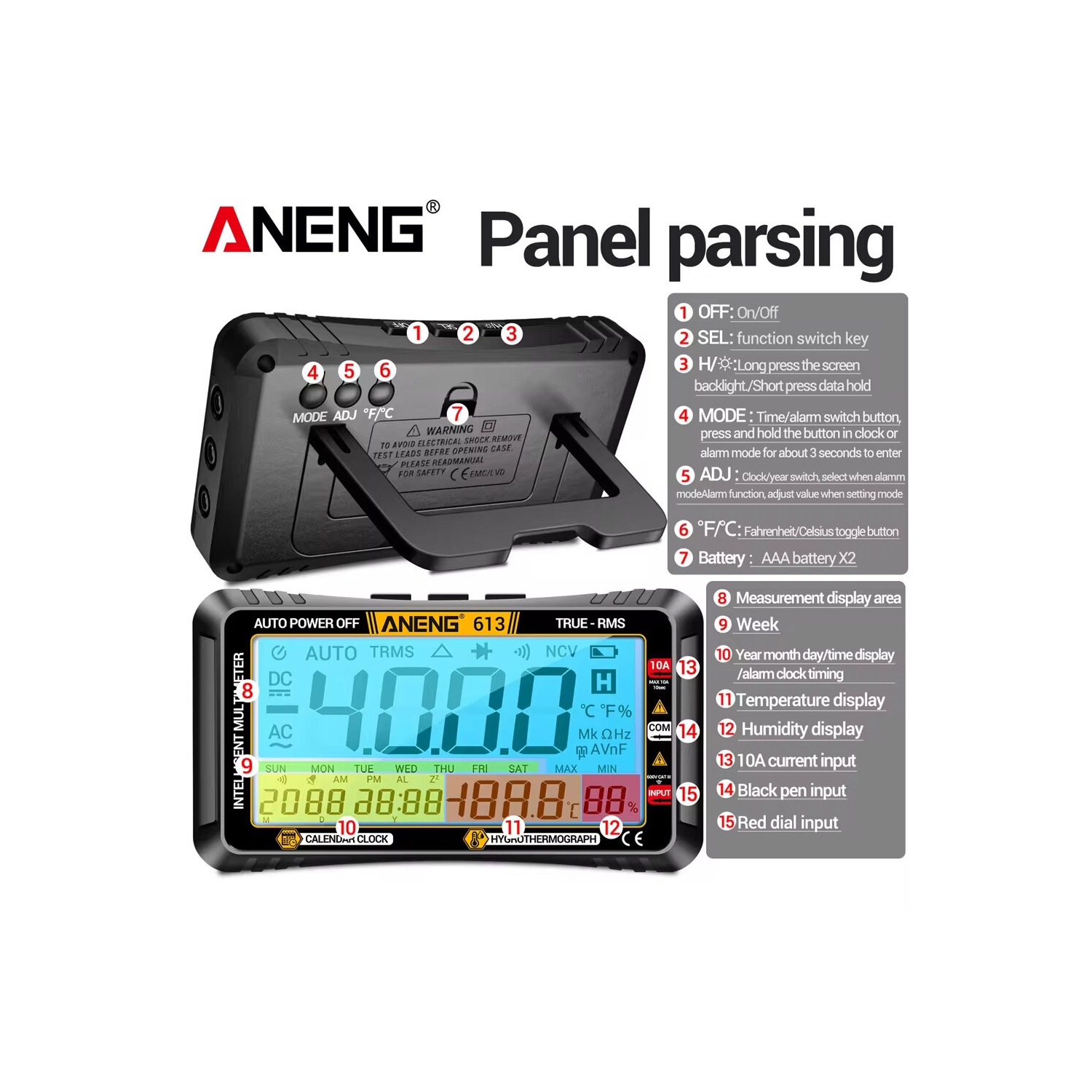 ANENG 613Pro Smart Multimeters DC/AC Voltage Capacitor Tester 4000 Counts 10A Current 600V Voltmeter Test Alarm Clock Set Tools