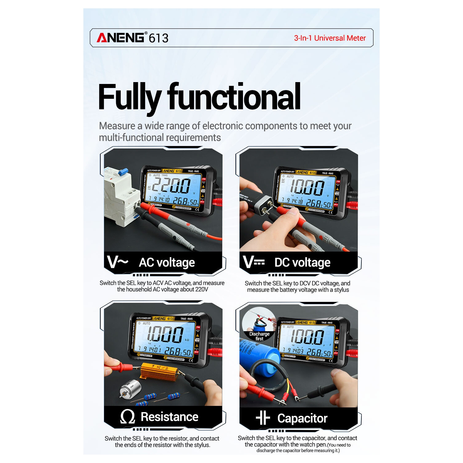 ANENG 613Pro Smart Multimeters DC/AC Voltage Capacitor Tester 4000 Counts 10A Current 600V Voltmeter Test Alarm Clock Set Tools