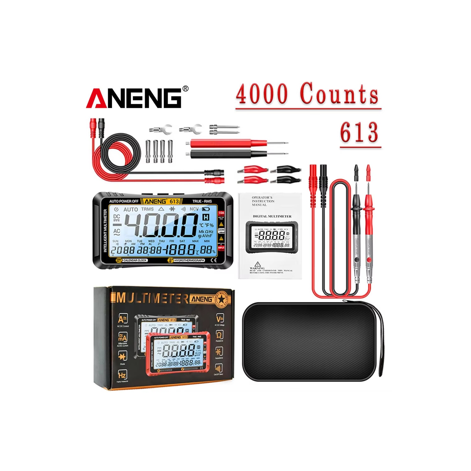 ANENG 613Pro Smart Multimeters DC/AC Voltage Capacitor Tester 4000 Counts 10A Current 600V Voltmeter Test Alarm Clock Set Tools
