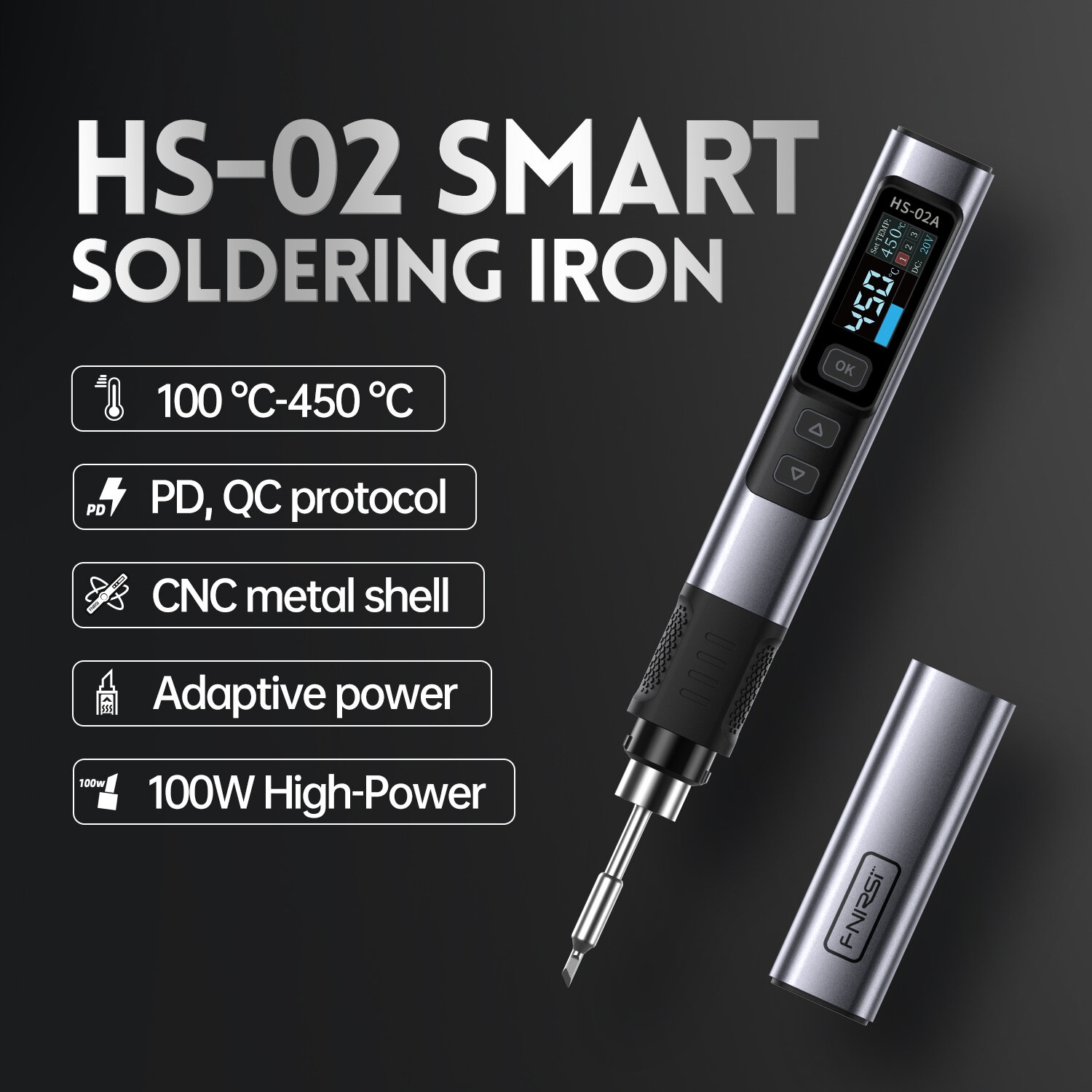FNIRSI HS-02 Smart Soldering Iron High-Power 100W with Quick Charging PD/QC Protocol Wide Temperature Range 180-842F Featuring Adaptive Power