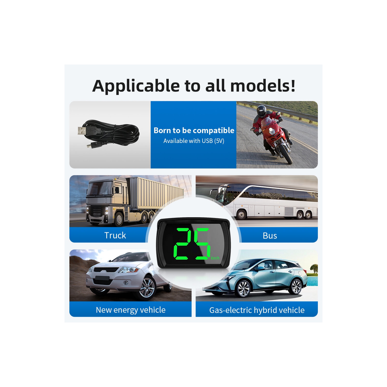 Voiture GPS HUD Compteur de vitesse numérique KMH MPH Grandes polices Lumière verte Affichage tête haute voiture HUD pour toutes les voitures