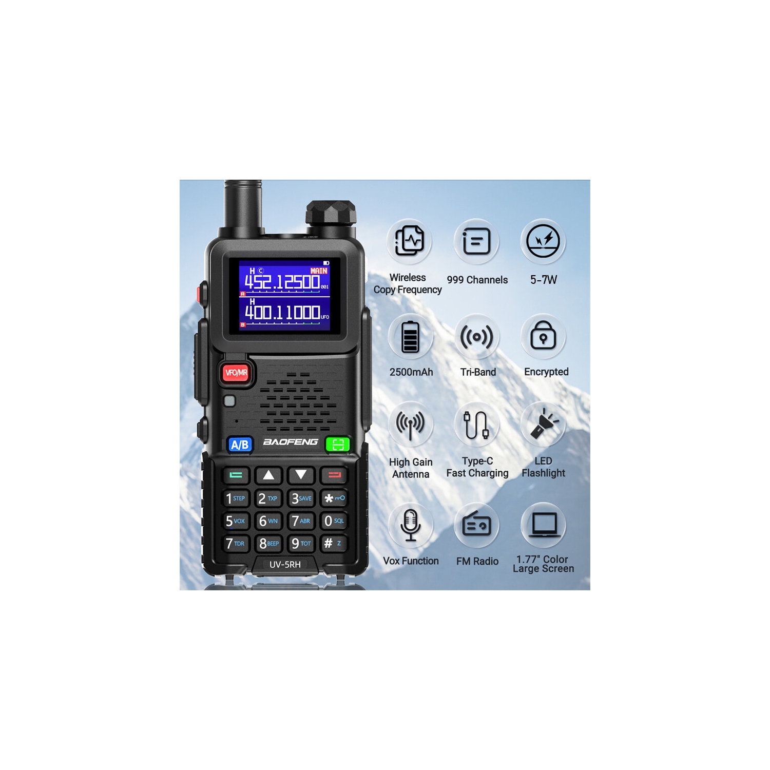 Baofeng UV-5RH 5W Tri-band EU Walkie Talkie 1.77inch Screen Large Range 2500mAh Type-C Rechargeable Handheld Two-way Radio with LED Flashlight FM Radio