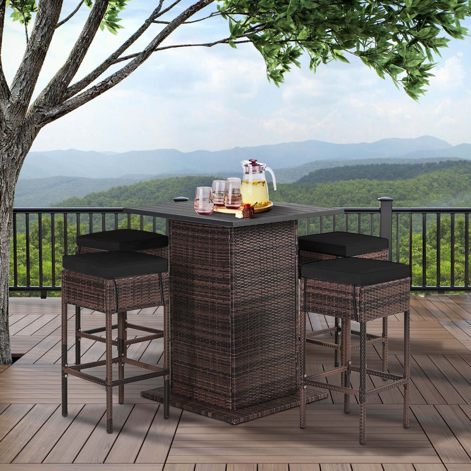 Costway 5PCS Patio Rattan Bar Table Stool Set Hidden Storage Shelf Cushioned