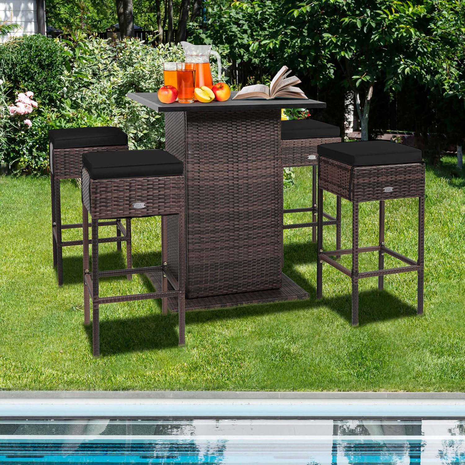 Costway 5PCS Patio Rattan Bar Table Stool Set Hidden Storage Shelf Cushioned