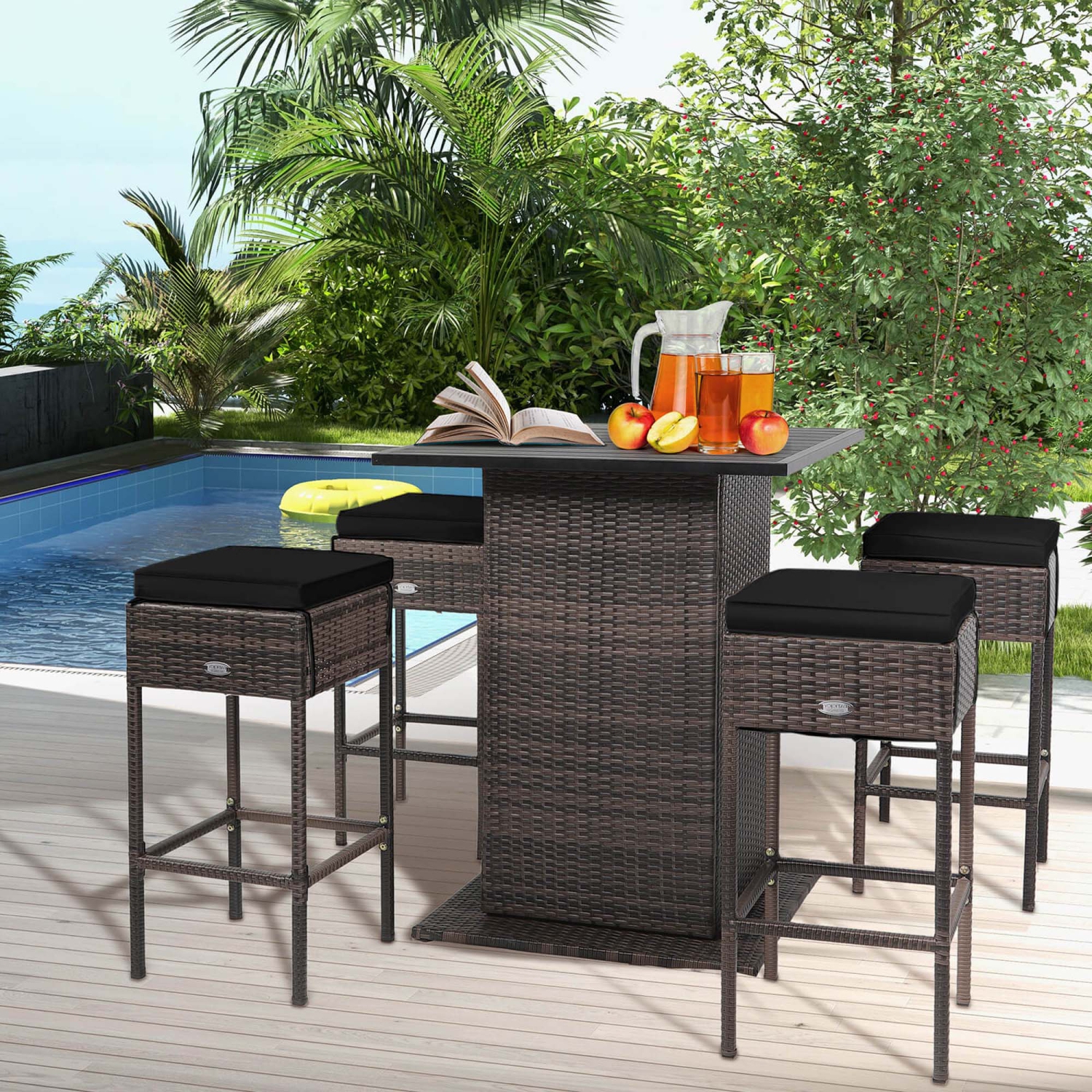 Costway 5PCS Patio Rattan Bar Table Stool Set Hidden Storage Shelf Cushioned