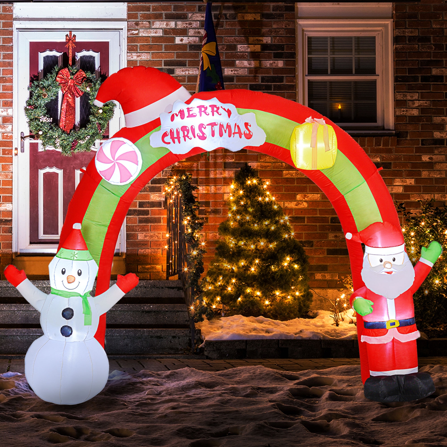 Outsunny 10FT Christmas Inflatables Arch, Inflatable Santa Claus and Snowman Archway, Christmas Blow Up Outdoor Decorations with LED Lights for