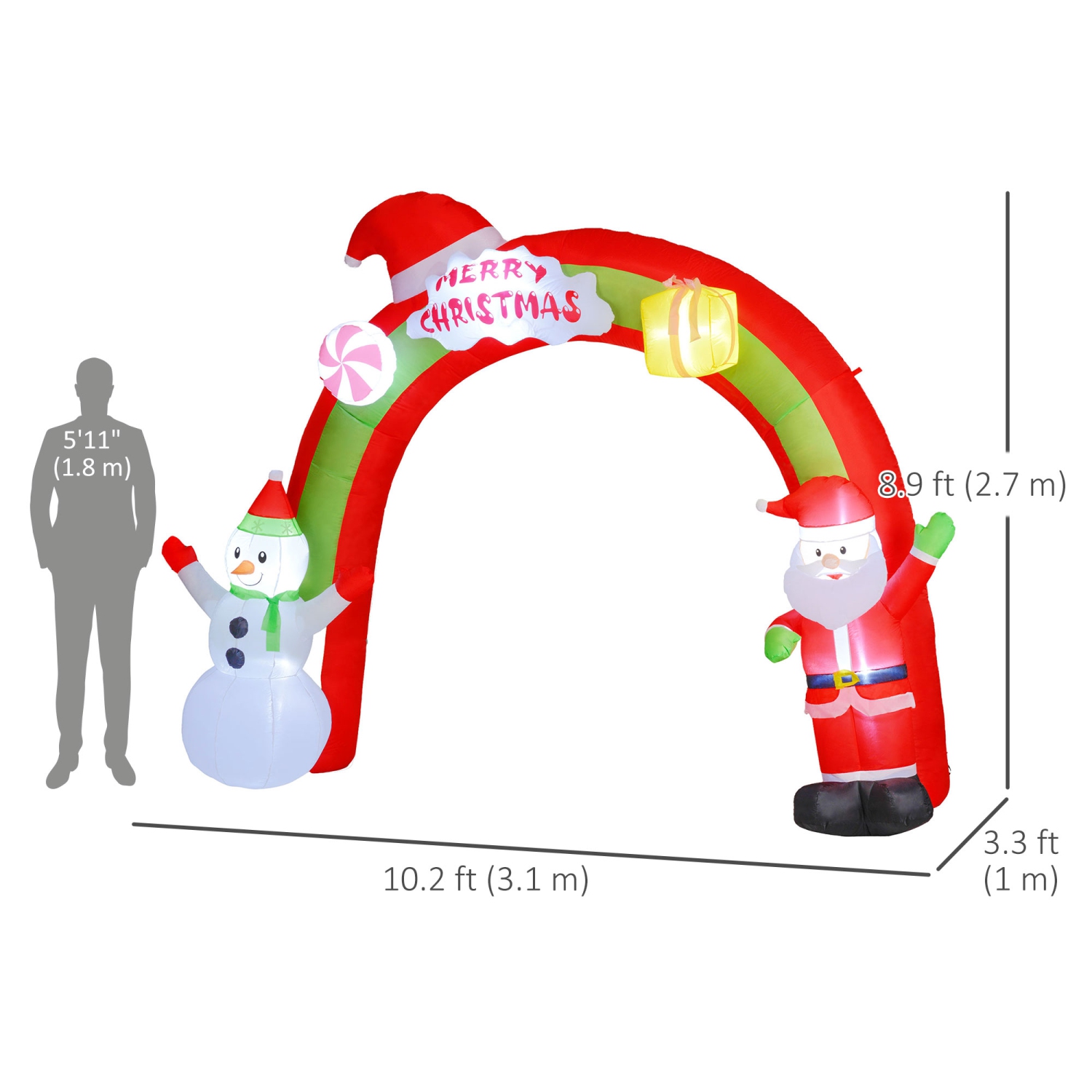 Outsunny 10FT Christmas Inflatables Arch, Inflatable Santa Claus and Snowman Archway, Christmas Blow Up Outdoor Decorations with LED Lights for