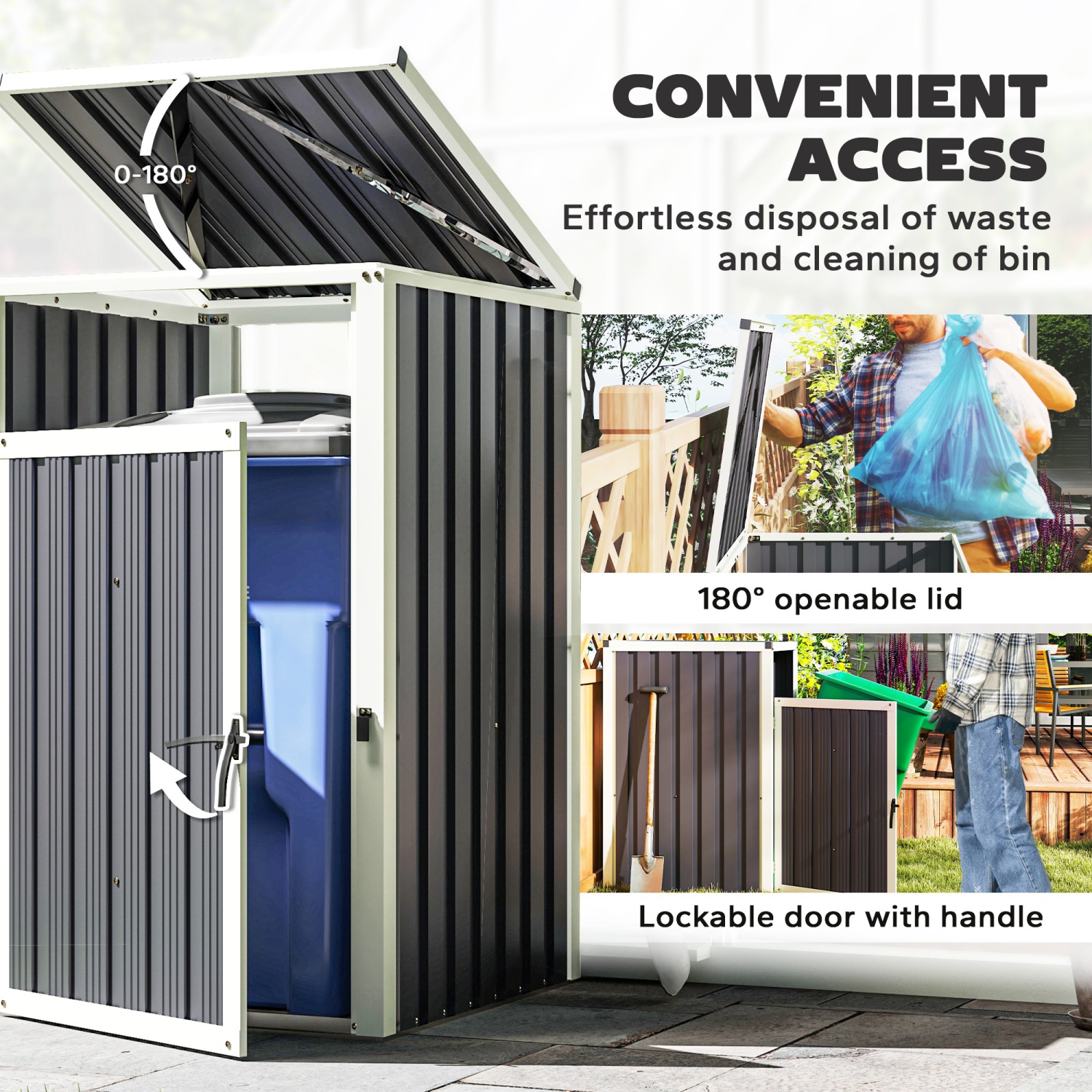 Outsunny Single Garbage Bin shed , 29" x 32" x 48" Outdoor Storage shed with Lockable Door and 180° Openable Lid, Galvanized Garbage Cabinet for