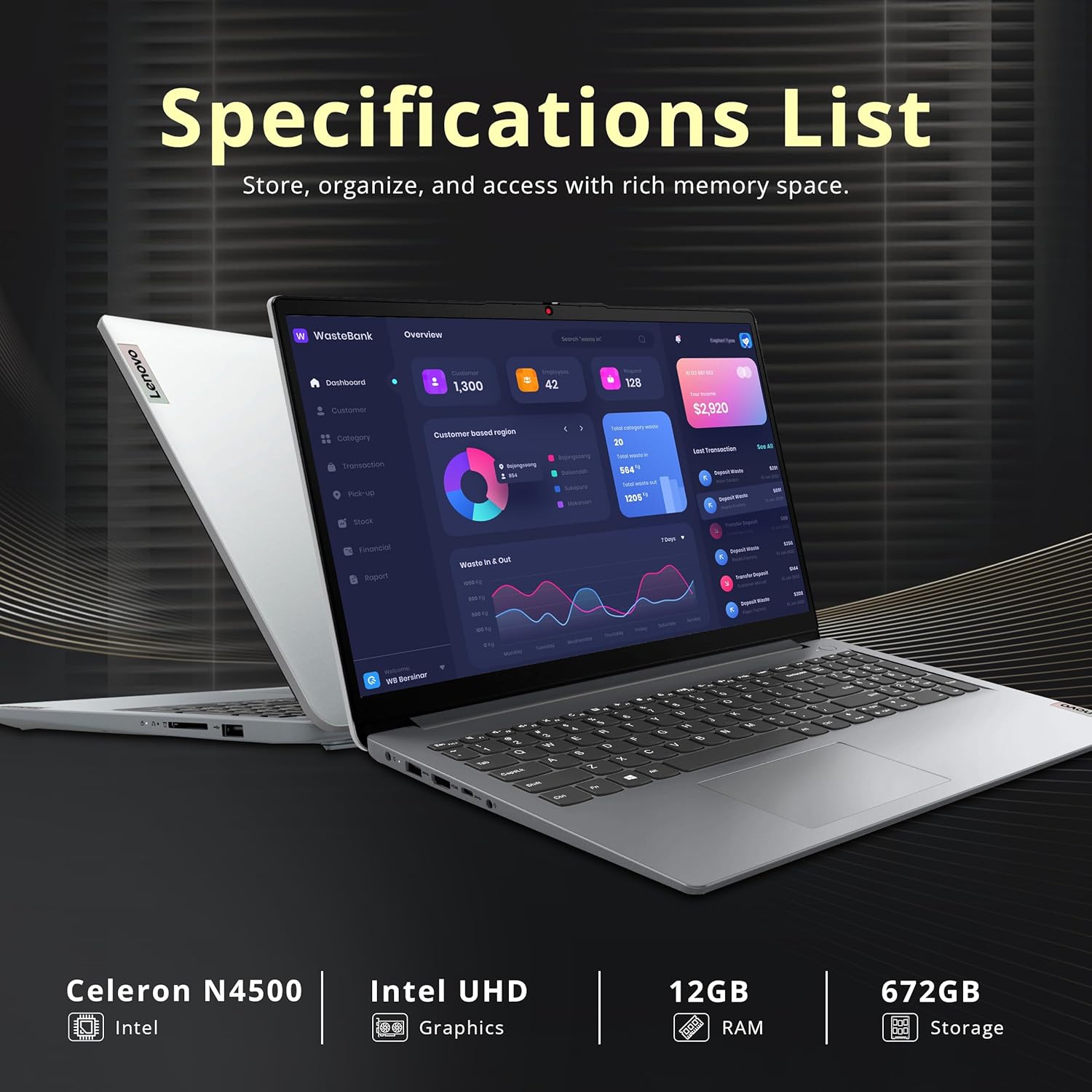 Lenovo Ideapad 1 15.6" HD Anti-Glare Laptop, Intel Celeron N4500, 672GB Storage(512GB SSD+160GB Docking Station Set), 12GB RAM, Intel UHD Graphics,