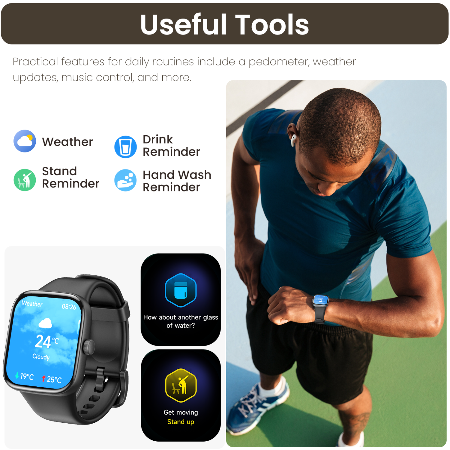 TOZO Smartwatch 1.85'' HD AMOLED Square Smart Watch Waterproof 7 Days Battery Life Bluetooth Call Sports Sleep Fitness Tracker-Black