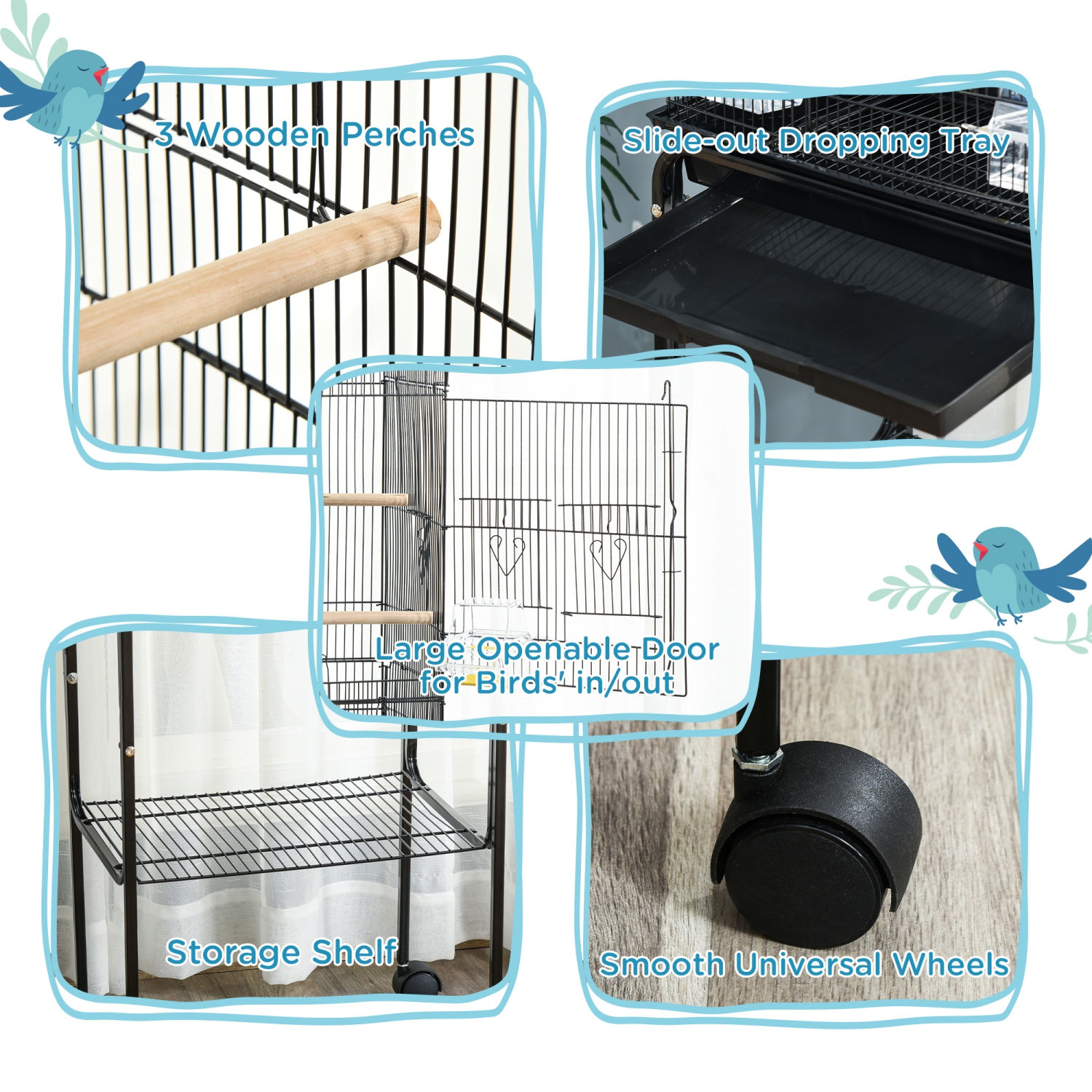 PawHut 49" Bird Cage for Finches, Canaries, Budgies, Parrot Cage with Accessories, Wheels, Detachable Stand, Storage, Black