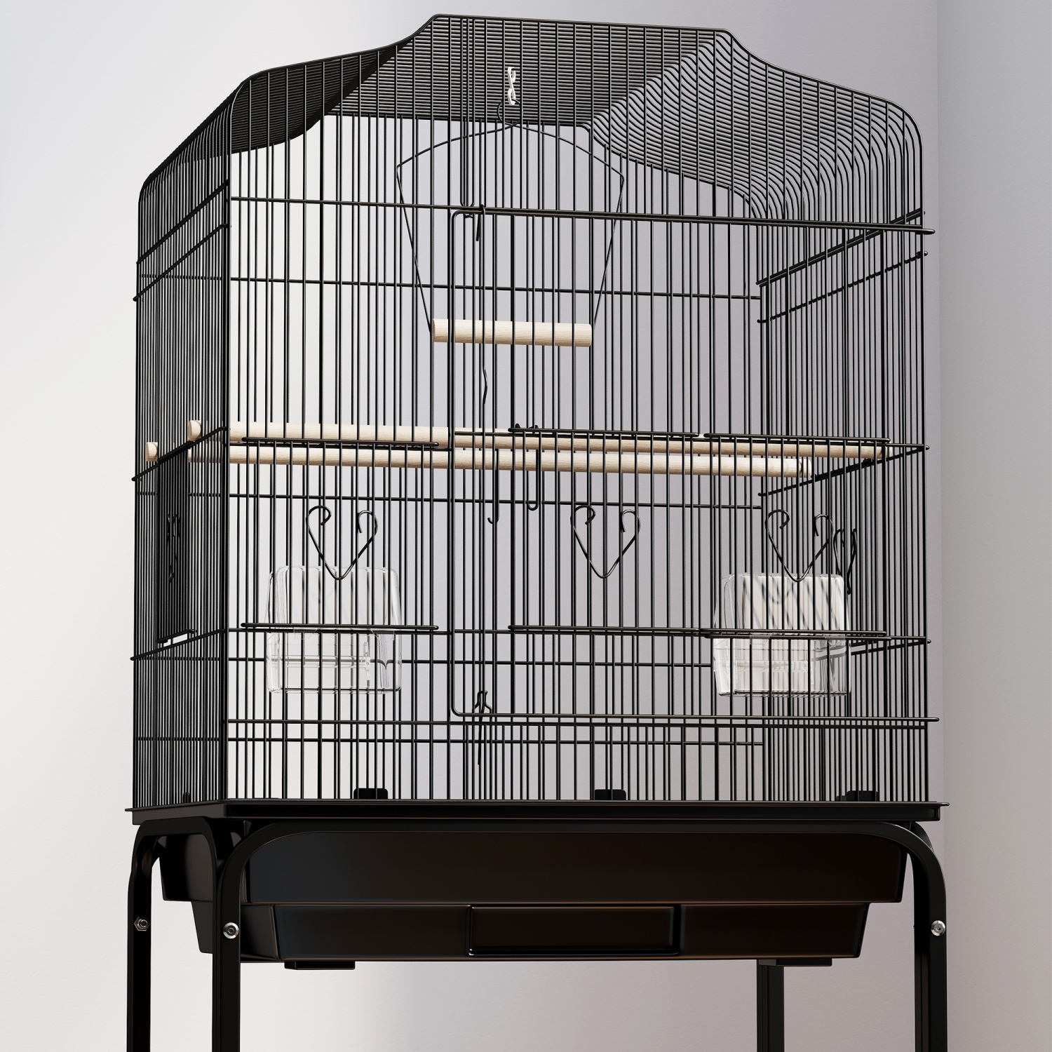 PawHut 49" Bird Cage for Finches, Canaries, Budgies, Parrot Cage with Accessories, Wheels, Detachable Stand, Storage, Black