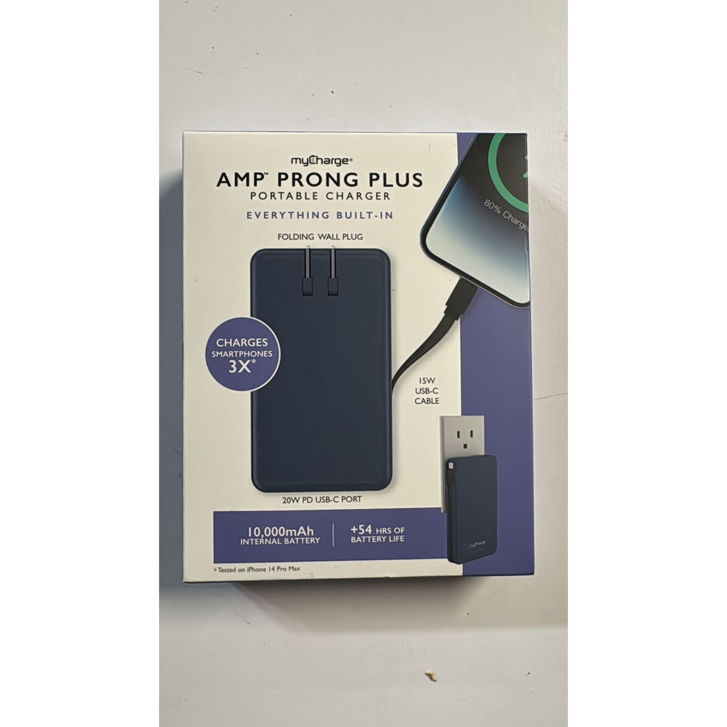 MyCharge AMP PRONG Plus 20W PD USB-C Portable Charger with Built-In Plug and Cable