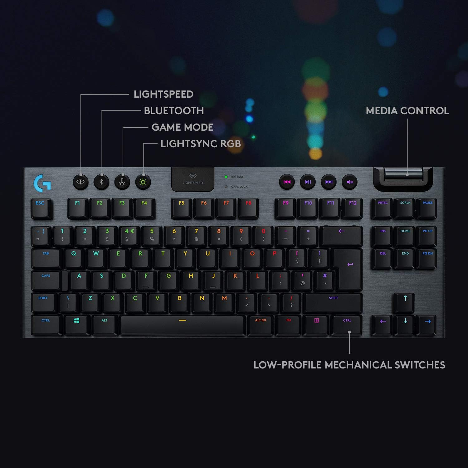 Clavier de jeu mécanique sans pavé sans fil RVB G915 TKL Lightspeed de Logitech, prise en charge sans fil et Bluetooth avancée - linéaire, noir