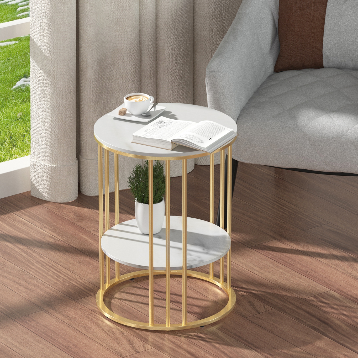 Modern Round Coffee Table 2 Tiers Sofa Side Table Elegant Marble Bedside Nightstand Sofa Edge End Table with Metal Frame for Living Room Bedroom-Gold