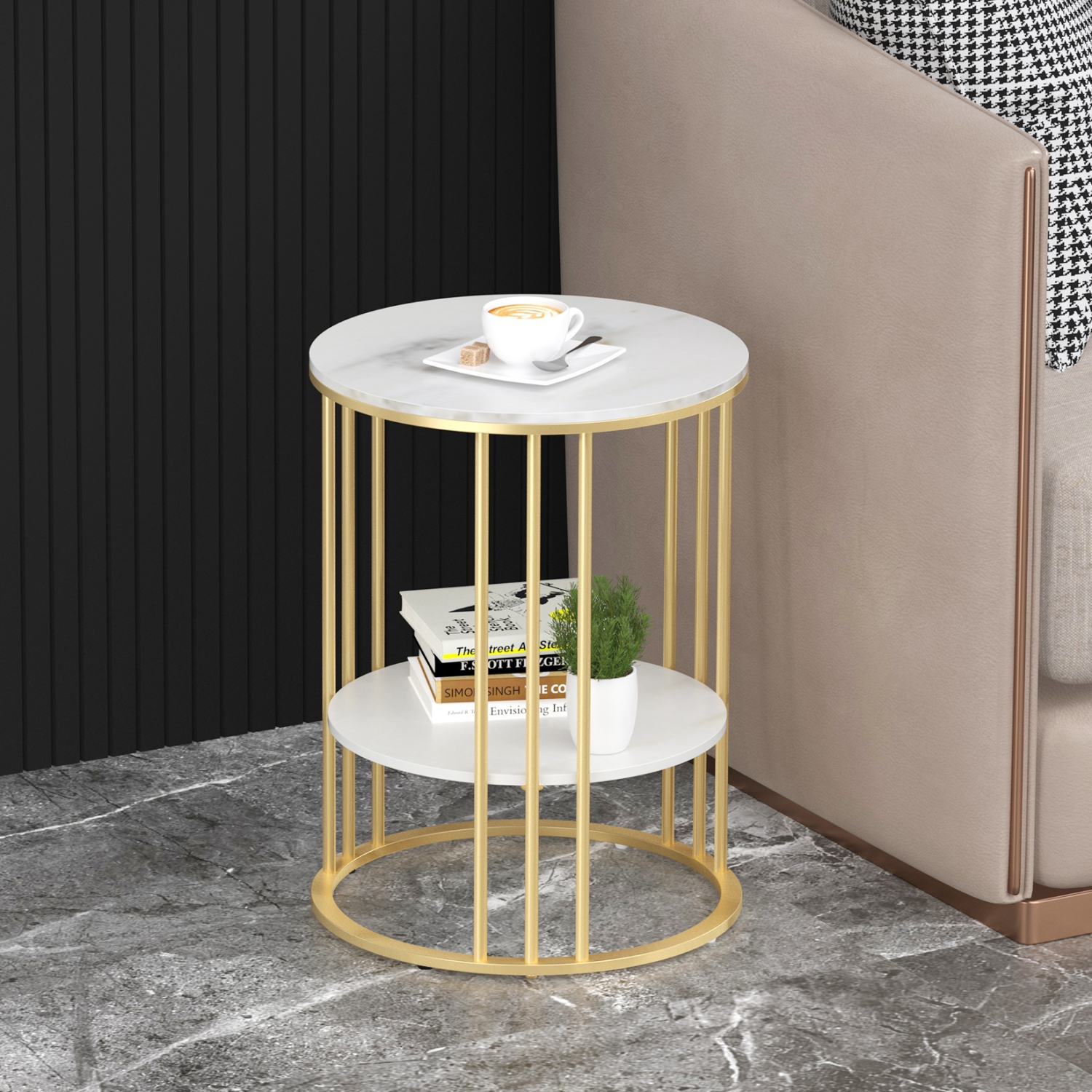 Modern Round Coffee Table 2 Tiers Sofa Side Table Elegant Marble Bedside Nightstand Sofa Edge End Table with Metal Frame for Living Room Bedroom-Gold