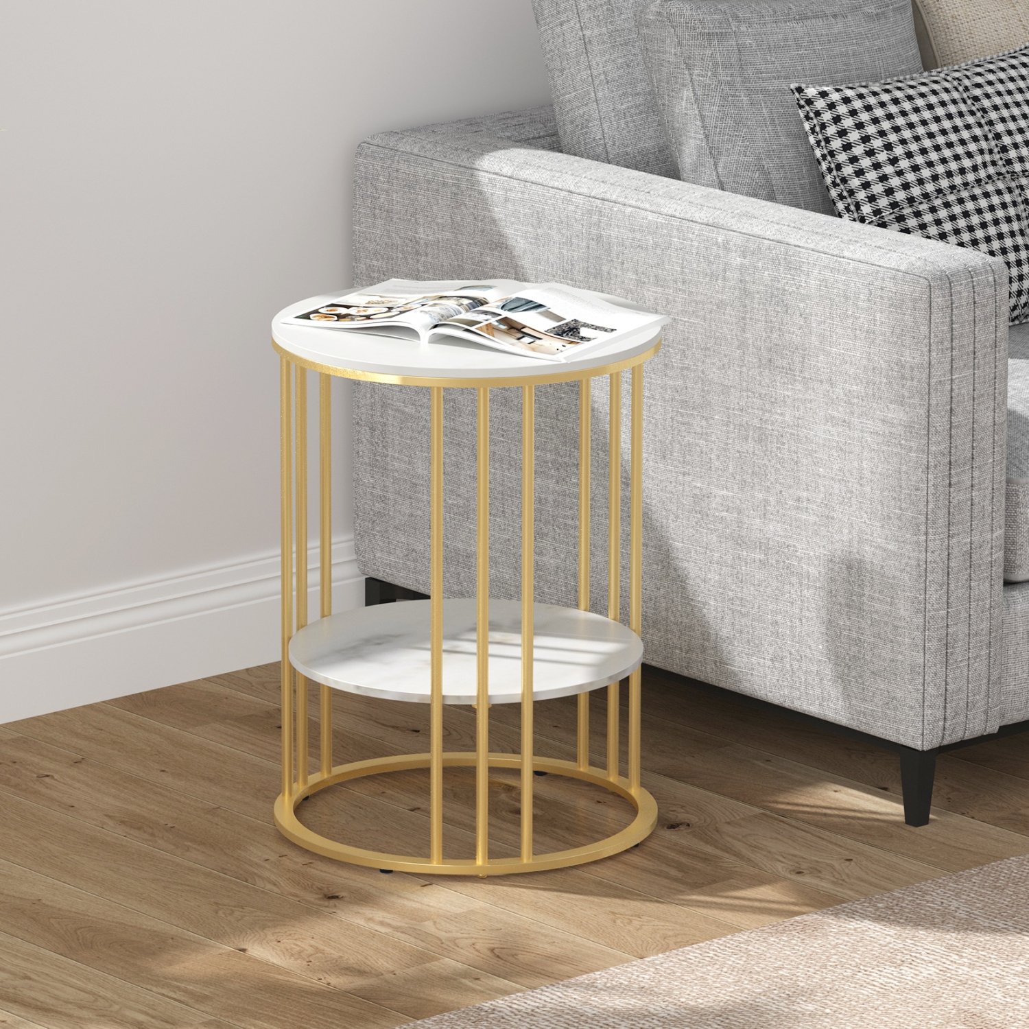 Modern Round Coffee Table 2 Tiers Sofa Side Table Elegant Marble Bedside Nightstand Sofa Edge End Table with Metal Frame for Living Room Bedroom-Gold