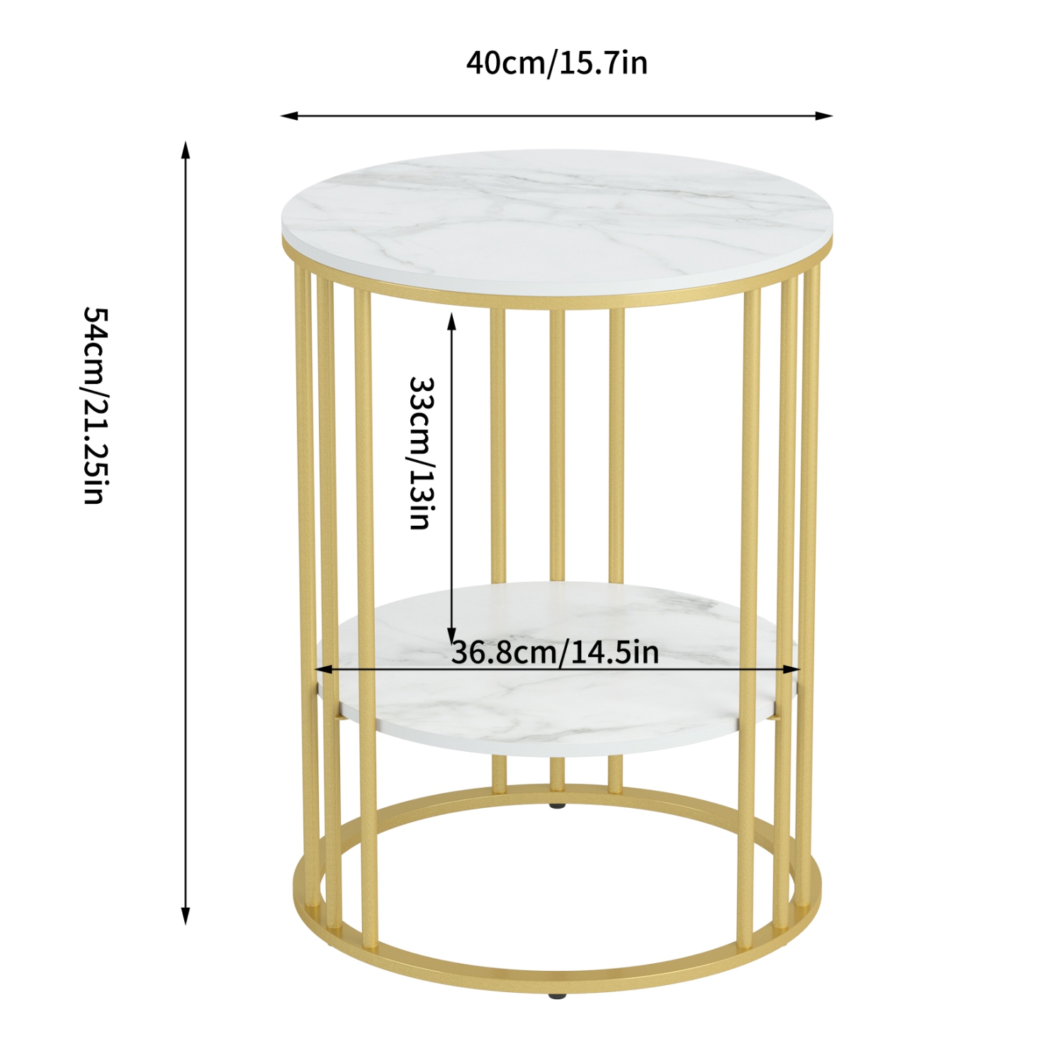 Modern Round Coffee Table 2 Tiers Sofa Side Table Elegant Marble Bedside Nightstand Sofa Edge End Table with Metal Frame for Living Room Bedroom-Gold