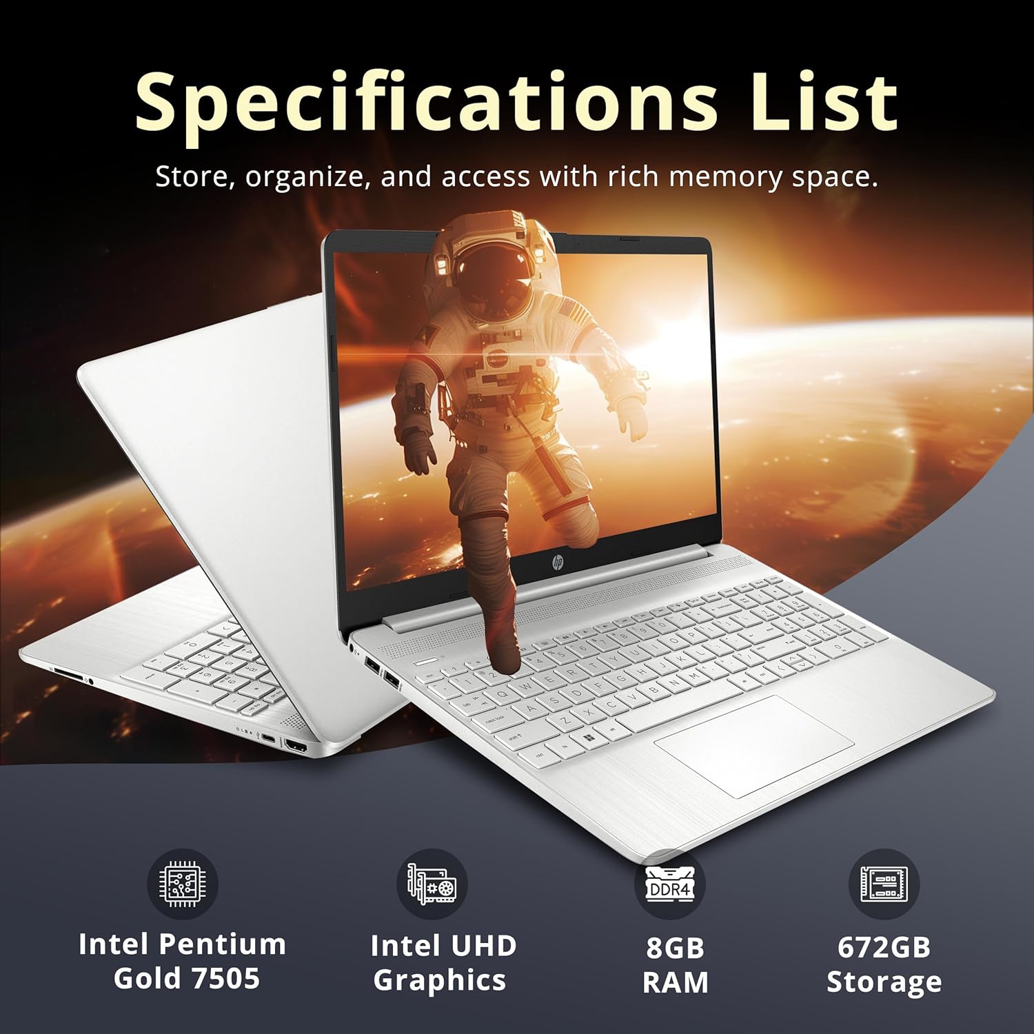 HP 15.6" HD Diagonal Touchscreen Laptop, Intel Pentium Gold 7505, 672GB Storage, 8GB RAM, Numeric Keypad, HD Camera, Wi-Fi 5, Win 11 S, Silver