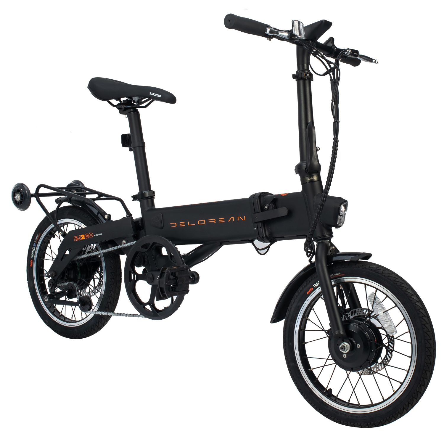 the Delorean 350W Folding E-Bike, featuring roller wheels and