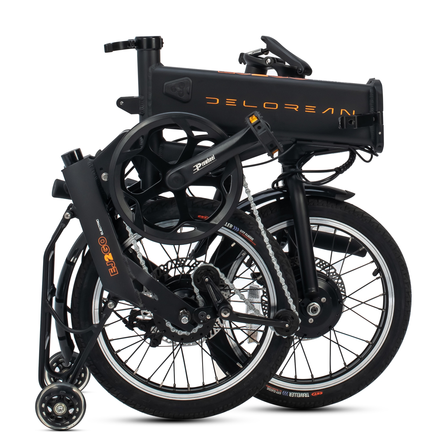 the Delorean 350W Folding E-Bike, featuring roller wheels and