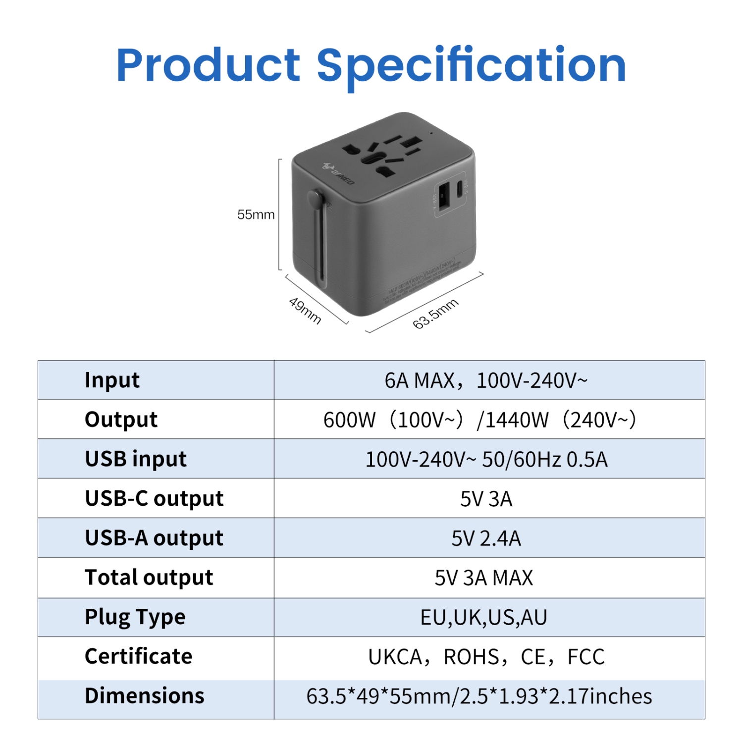 GONEO Universal Travel Adapter, 15W International Power Adapter 6A 1 USB C 1 USB A Ports, Plug Adaptor Travel Worldwide, Travel Charger Outlet