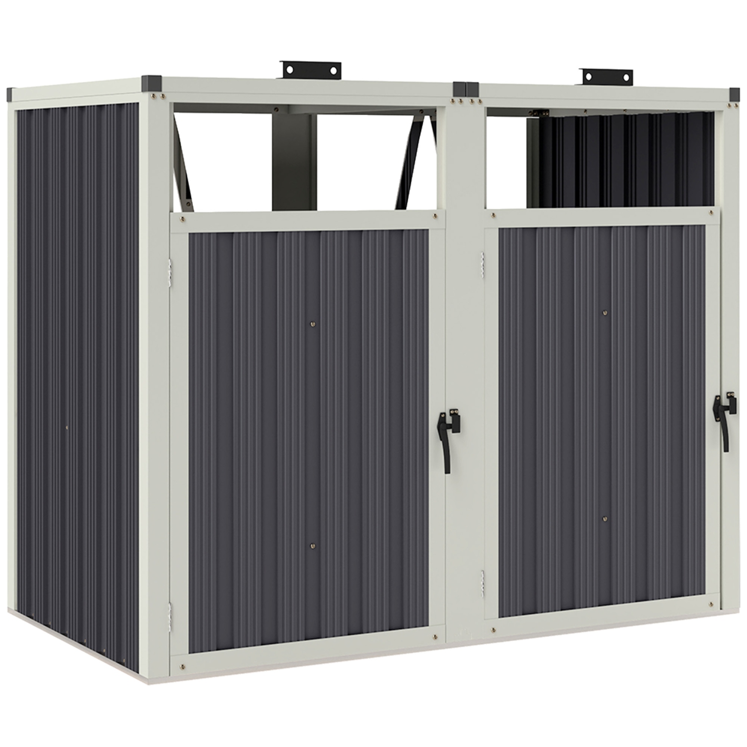 Outsunny Double Garbage Bin shed, 57.5" x 32" x 48" Outdoor Storage shed with Lockable Door and 180° Openable Lid, Galvanized Garbage Cabinet for