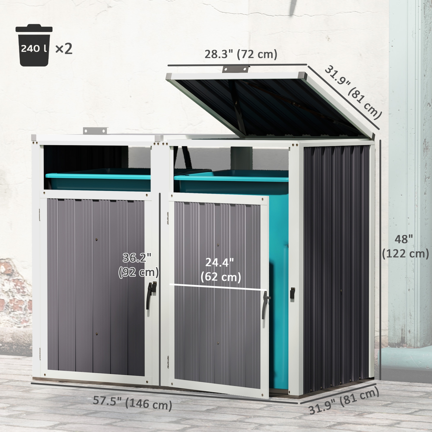Outsunny Double Garbage Bin shed, 57.5" x 32" x 48" Outdoor Storage shed with Lockable Door and 180° Openable Lid, Galvanized Garbage Cabinet for