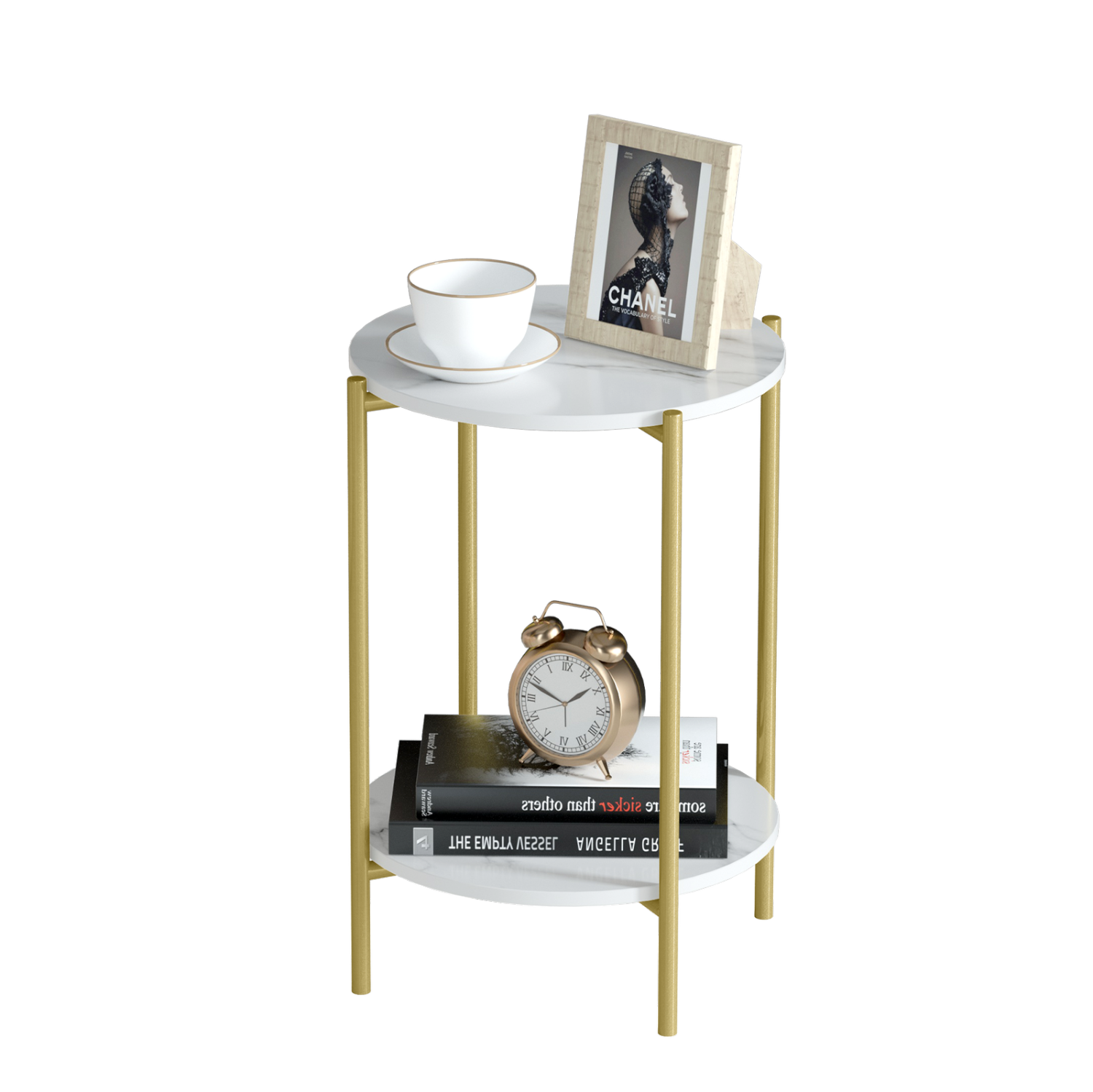 2 Tier Round Coffee Table: Modern Nordic Solid Marble Sofa Side End Corner Table Metal Frame Nightstand Storage for Lounge Living Room Coffee Gold