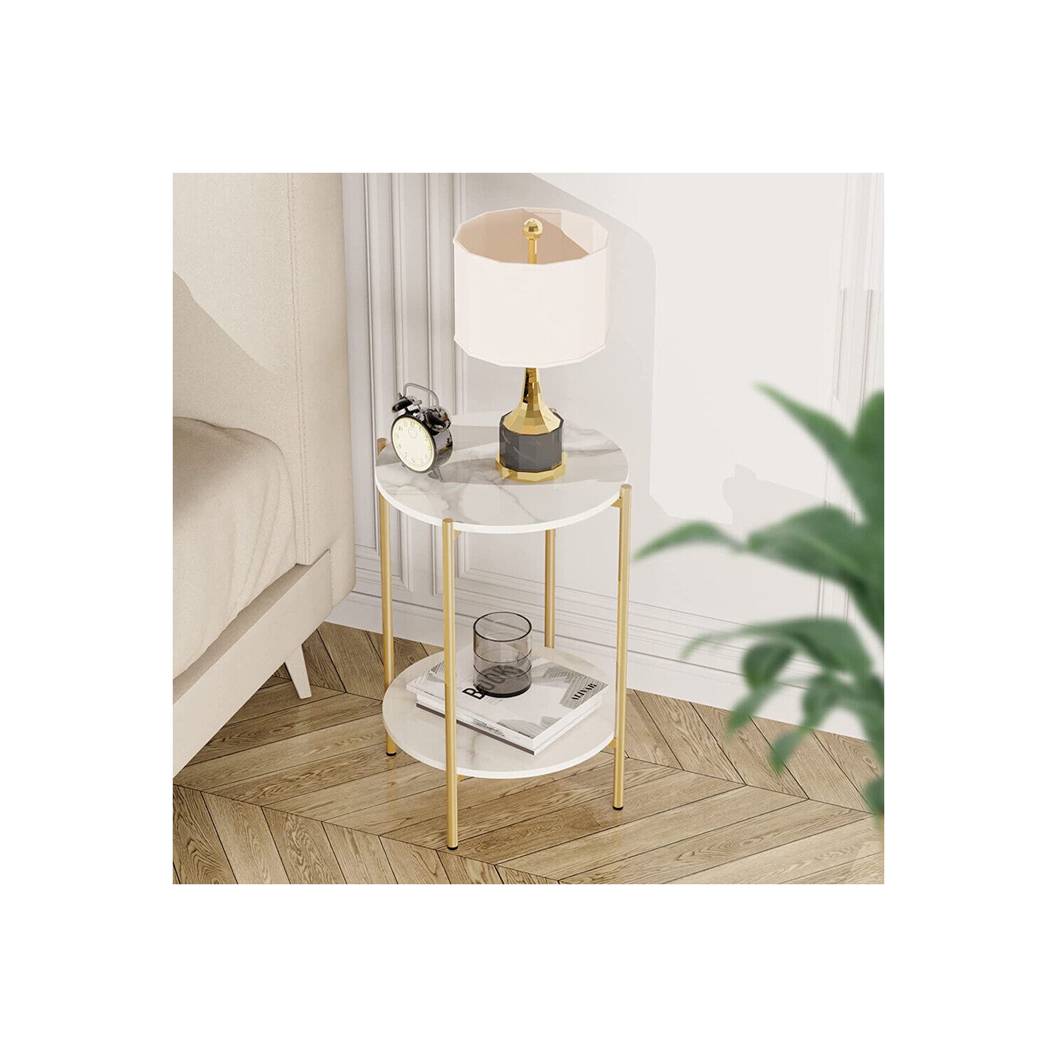 2 Tier Round Coffee Table: Modern Nordic Solid Marble Sofa Side End Corner Table Metal Frame Nightstand Storage for Lounge Living Room Coffee Gold