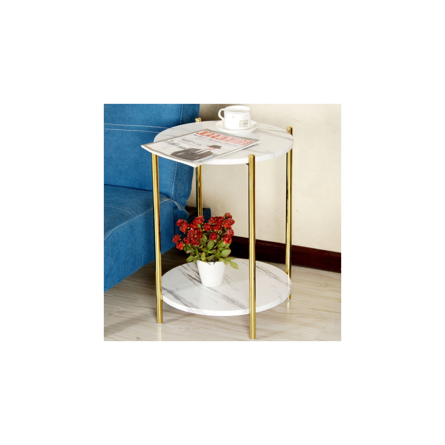2 Tier Round Coffee Table: Modern Nordic Solid Marble Sofa Side End Corner Table Metal Frame Nightstand Storage for Lounge Living Room Coffee Gold