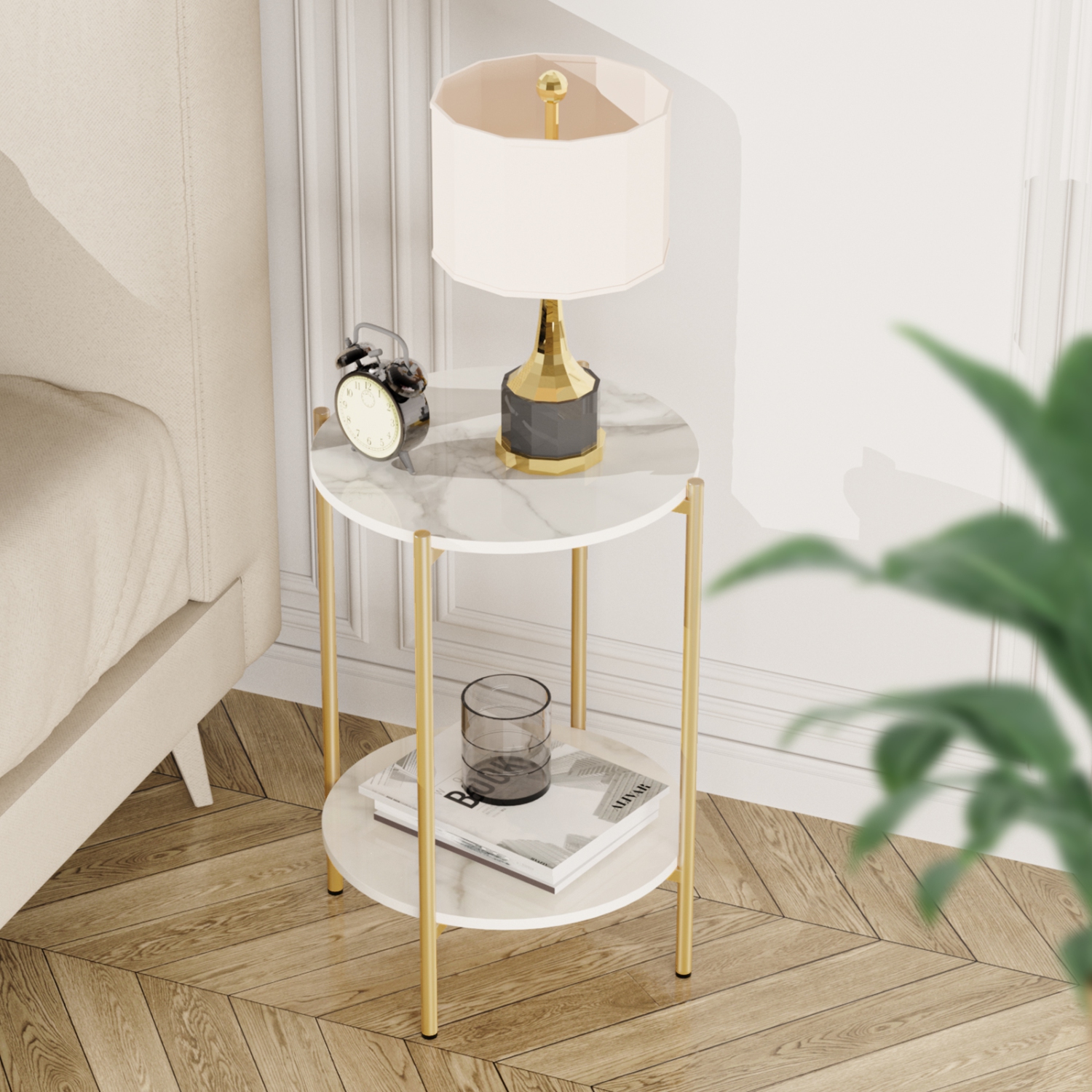 2 Tier Round Coffee Table: Modern Nordic Solid Marble Sofa Side End Corner Table Metal Frame Nightstand Storage for Lounge Living Room Coffee Gold