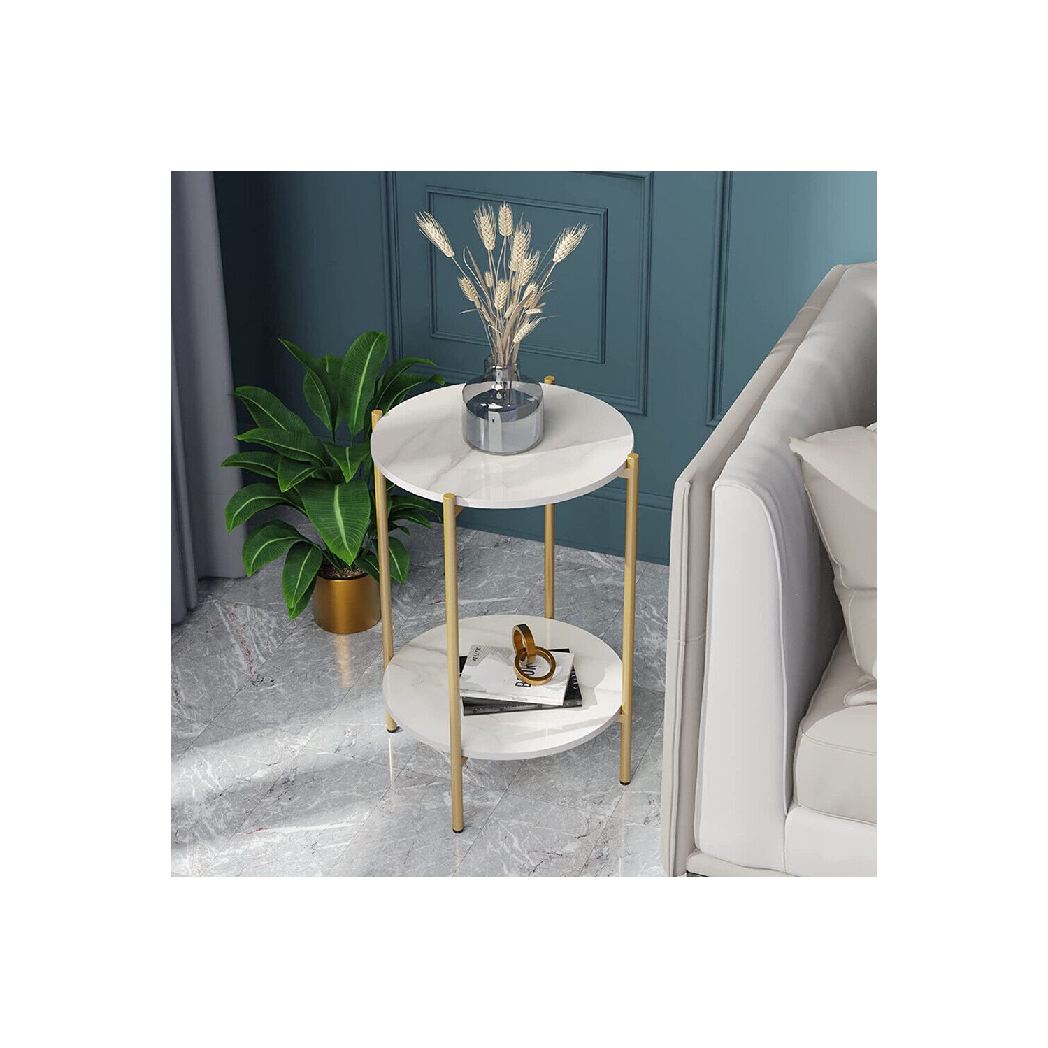 2 Tier Round Coffee Table: Modern Nordic Solid Marble Sofa Side End Corner Table Metal Frame Nightstand Storage for Lounge Living Room Coffee Gold