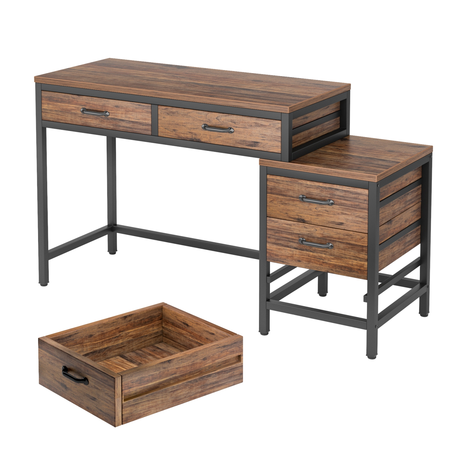 Tribesigns Home Office Desk with 5 Drawers, Industrial Computer Desk Workstation with Reversible Drawer Cabinet, Rustic Brown