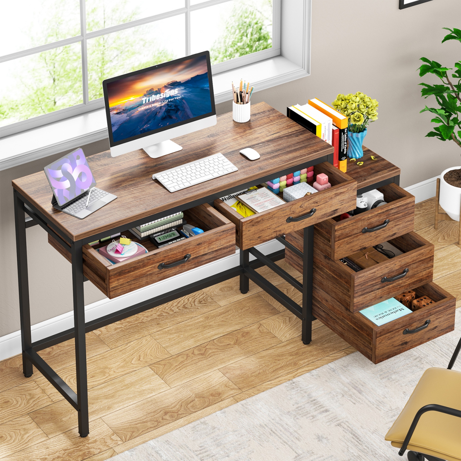 Tribesigns Home Office Desk with 5 Drawers, Industrial Computer Desk Workstation with Reversible Drawer Cabinet, Rustic Brown