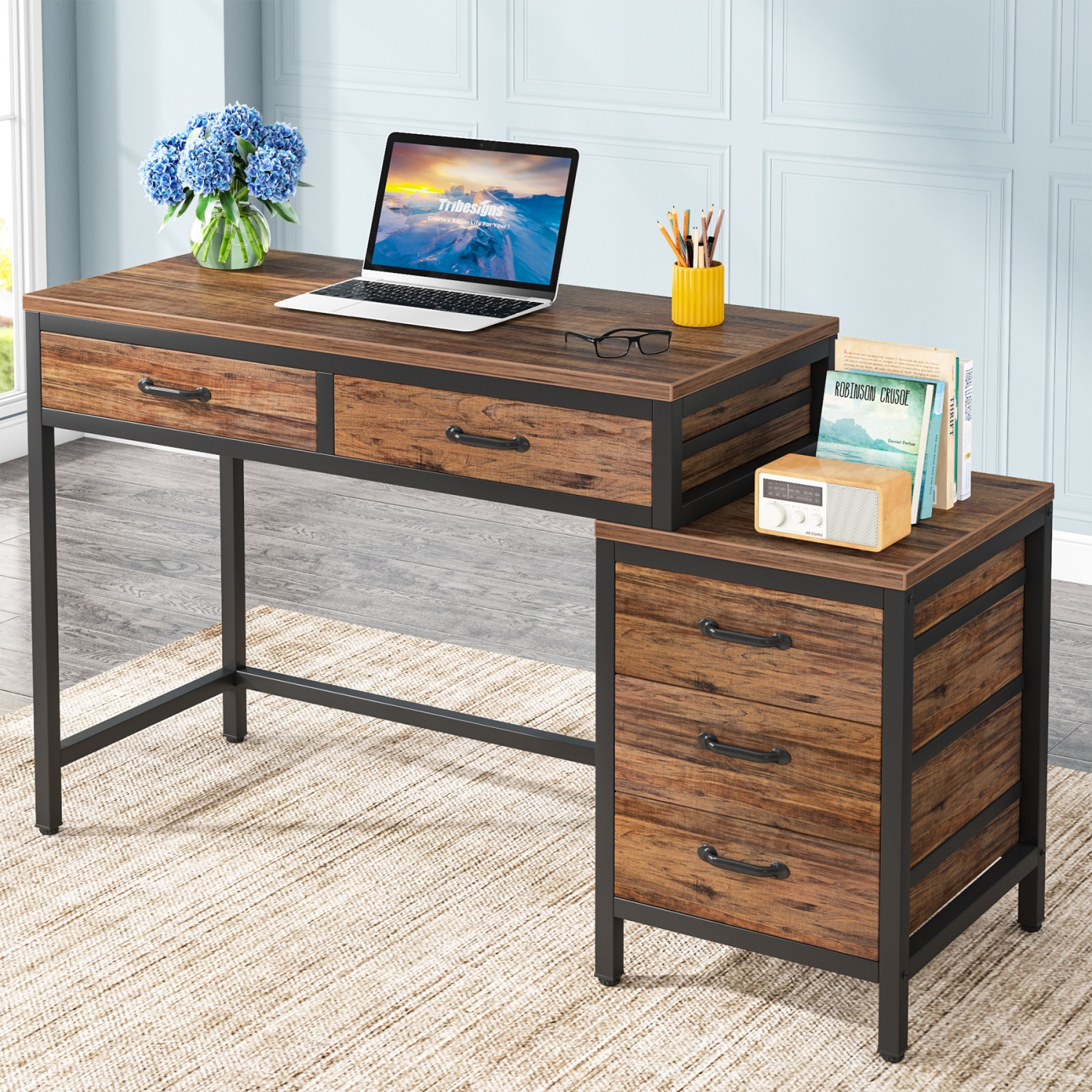 Tribesigns Home Office Desk with 5 Drawers, Industrial Computer Desk Workstation with Reversible Drawer Cabinet, Rustic Brown