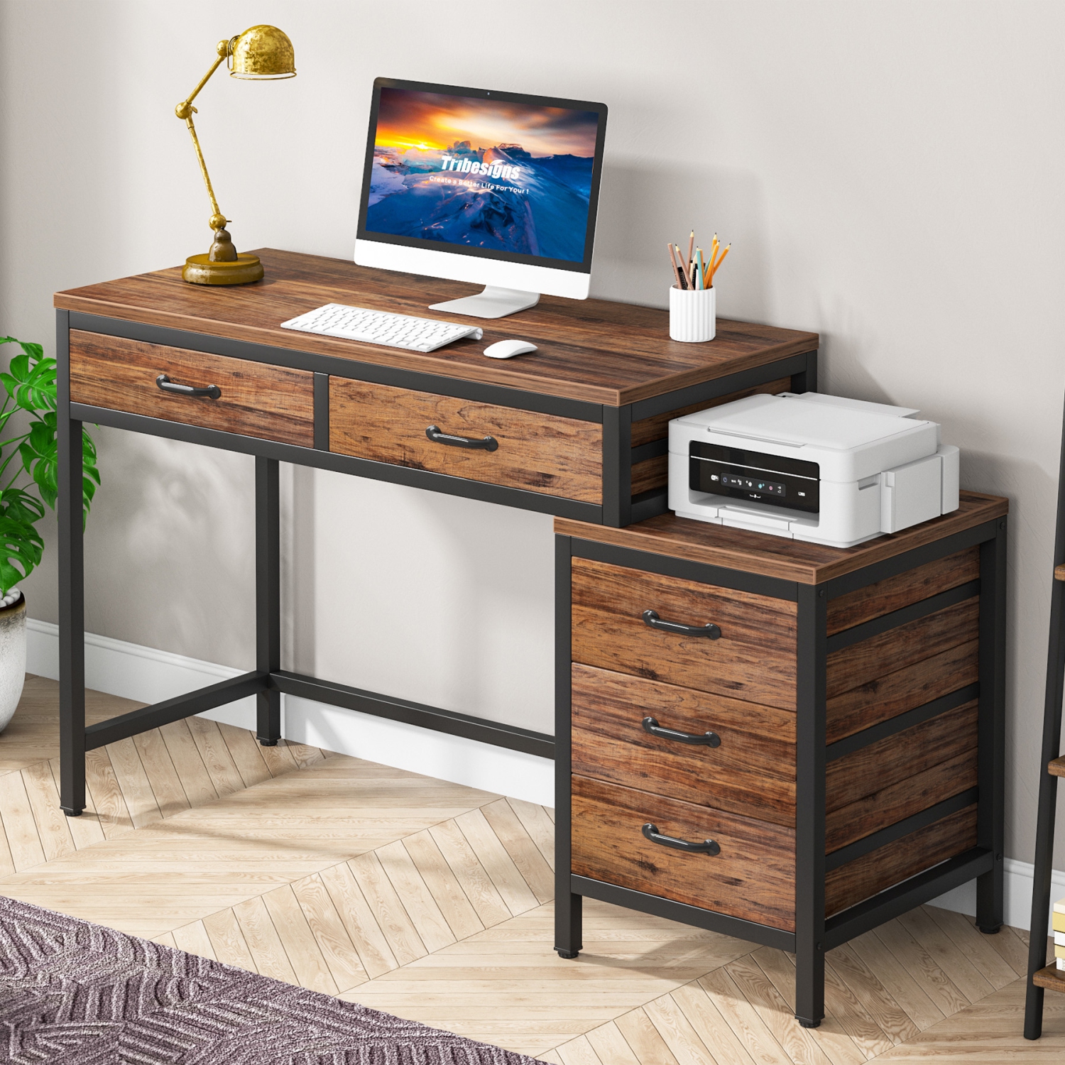 Tribesigns Home Office Desk with 5 Drawers, Industrial Computer Desk Workstation with Reversible Drawer Cabinet, Rustic Brown
