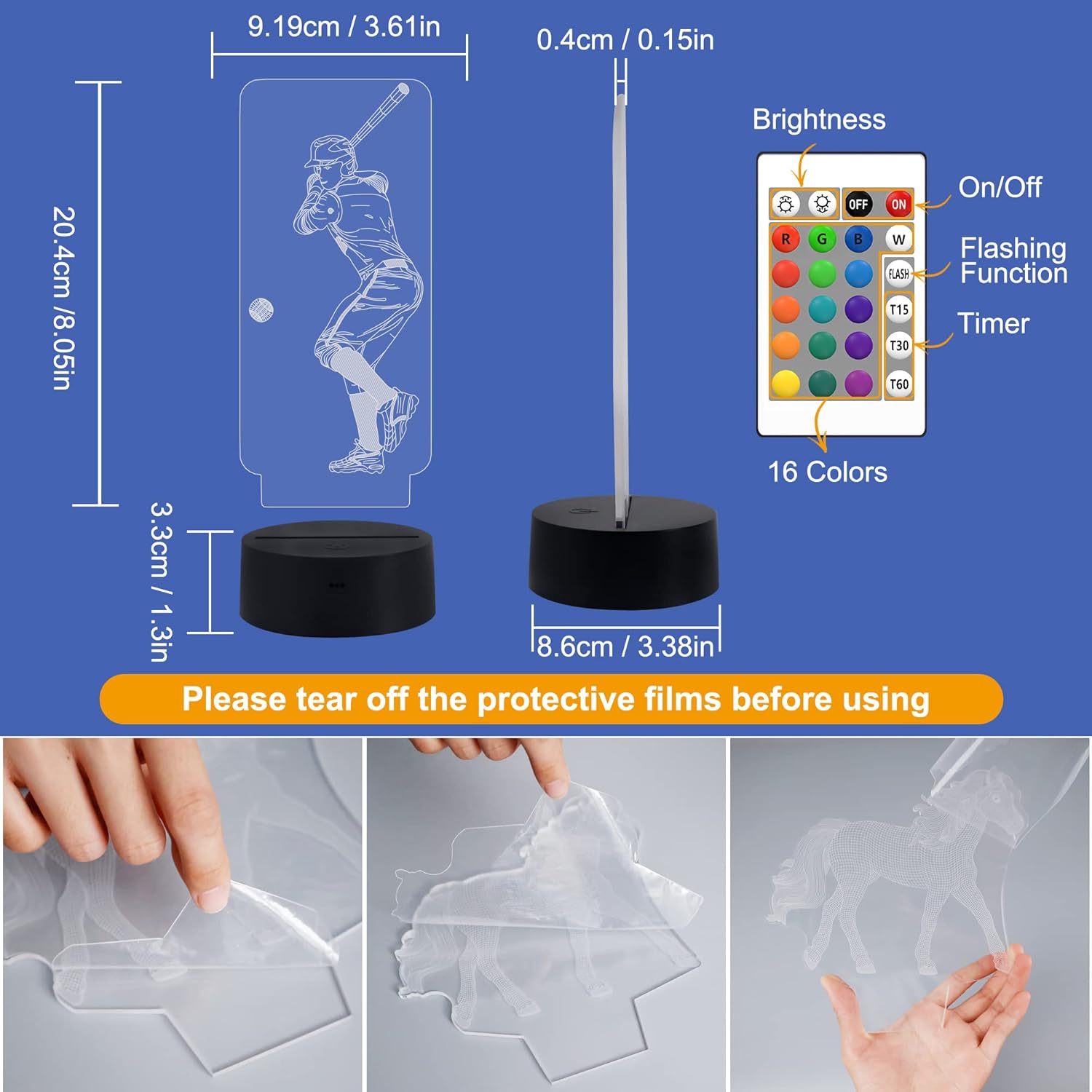 Baseball 3D Night Light, Illusion Optical Bedside Lamp with Remote Control 16 Colors Changing, LED Cool Novelty Birthday Gift for Boy Kid Outdoor