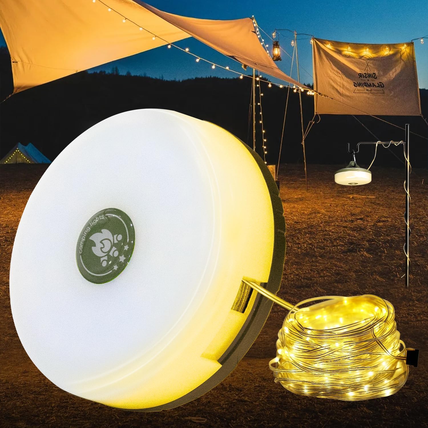 Camping Lights String, Outdoor String Lights with 5 Lighting Modes, Durable and Waterproof, USB Charging, Quick 30s Recovery, Portable Camping Lights