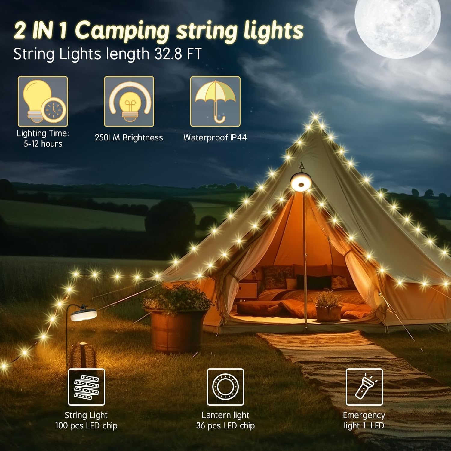 Camping Lights String, Outdoor String Lights with 5 Lighting Modes, Durable and Waterproof, USB Charging, Quick 30s Recovery, Portable Camping Lights