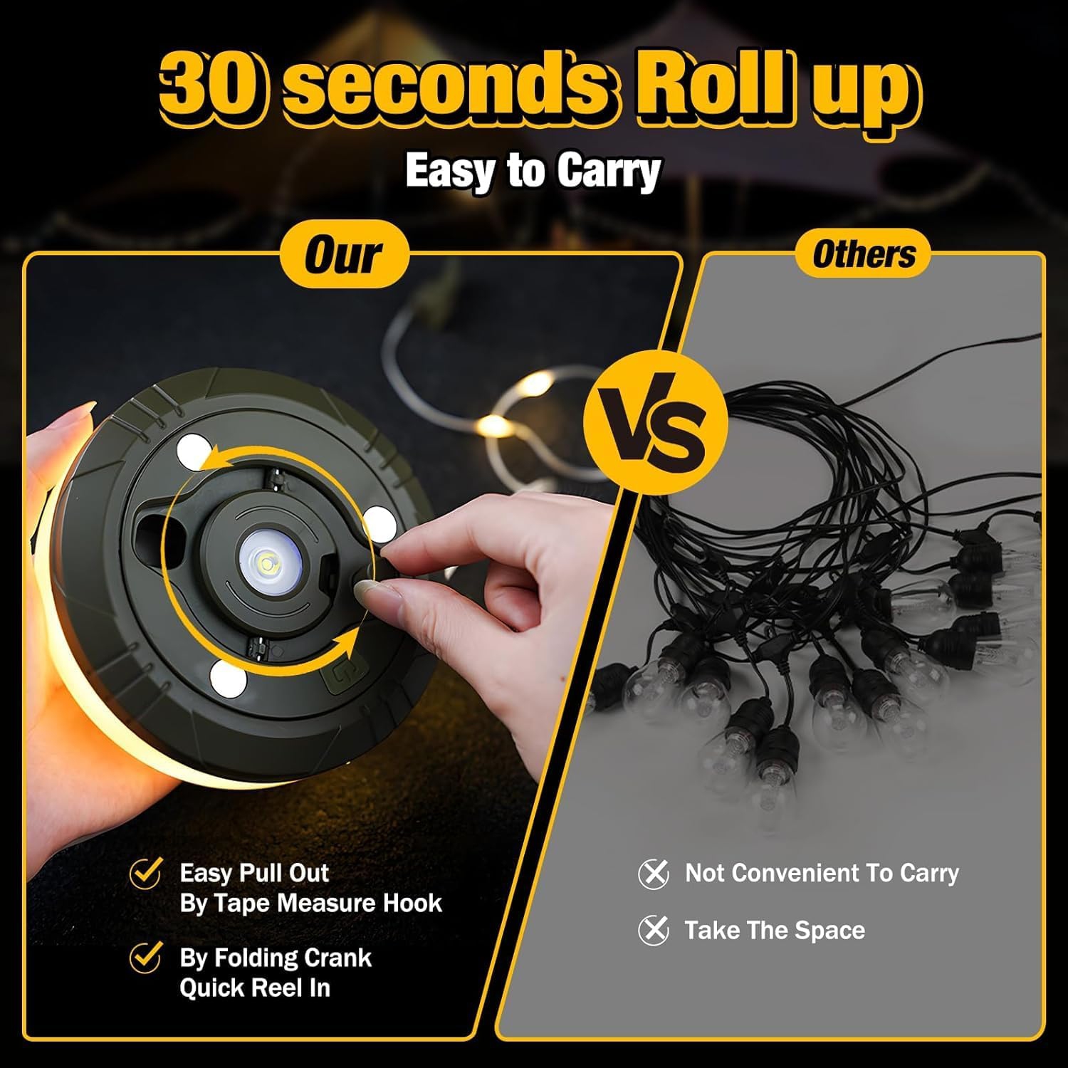 Camping Lights String, Outdoor String Lights with 5 Lighting Modes, Durable and Waterproof, USB Charging, Quick 30s Recovery, Portable Camping Lights