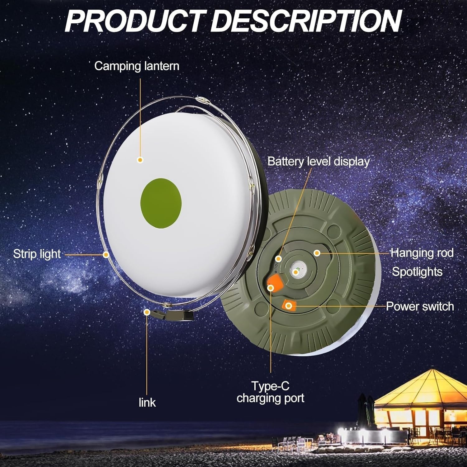 Camping Lights String, Outdoor String Lights with 5 Lighting Modes, Durable and Waterproof, USB Charging, Quick 30s Recovery, Portable Camping Lights