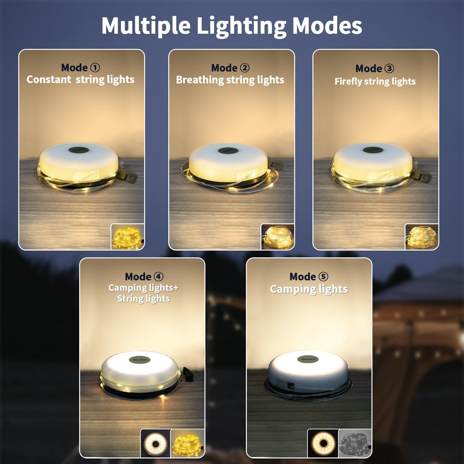 Camping Lights String, Outdoor String Lights with 5 Lighting Modes, Durable and Waterproof, USB Charging, Quick 30s Recovery, Portable Camping Lights