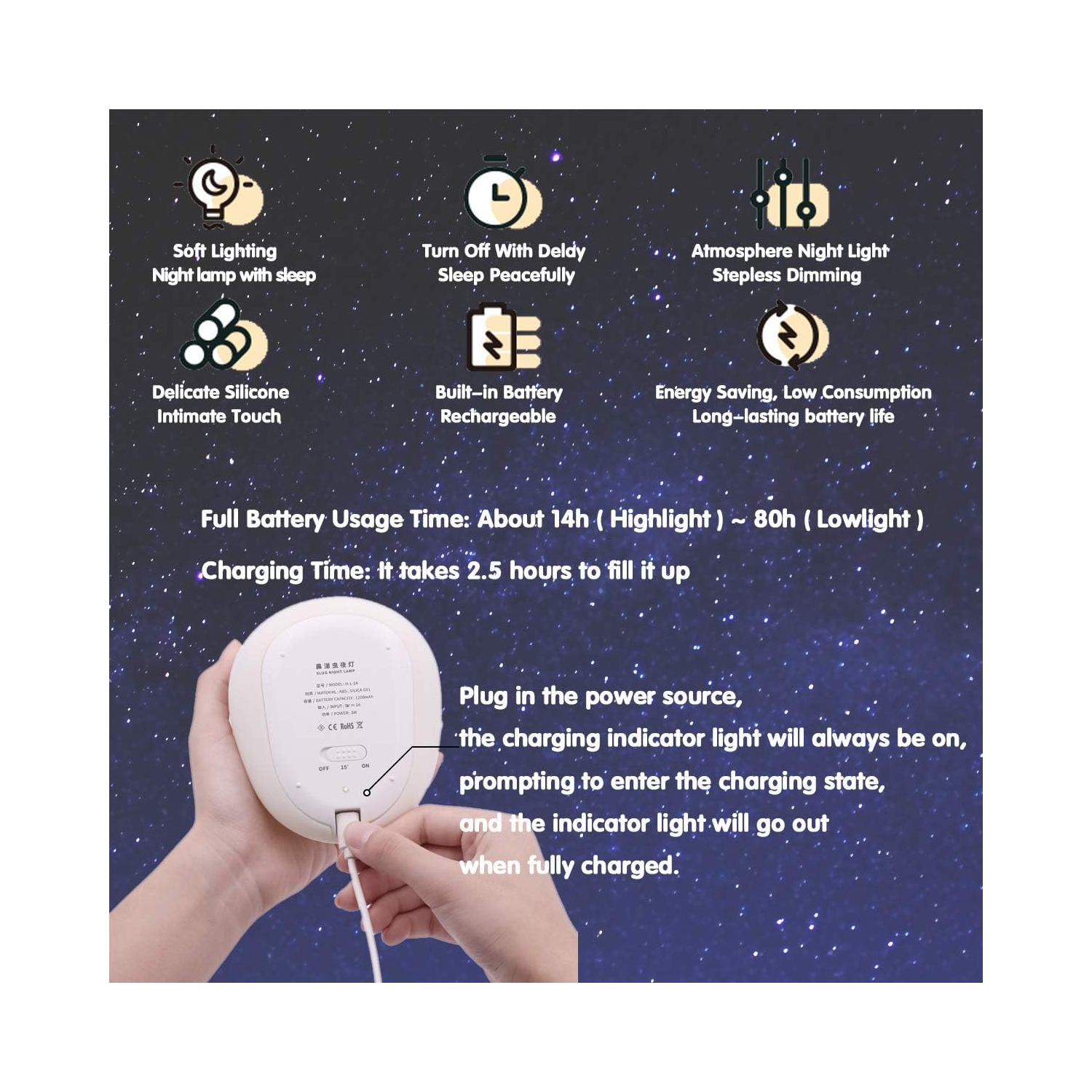 Slug Night Light, Nursery Squishy Lamp, Silicone Night Light for Breastfeeding, Cute Animal Bedside Lamp for Baby Kids Teens, Soft Nightlight with