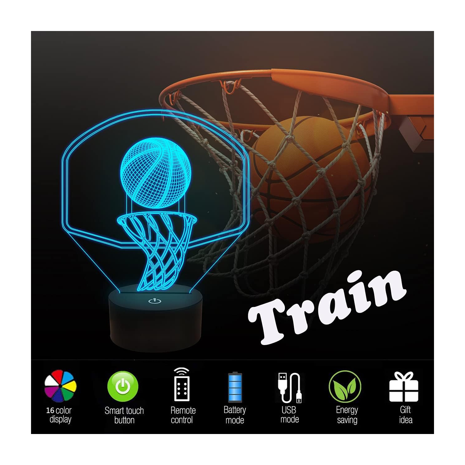 Veilleuse de basket-ball de 3D avec minuterie, anneau d'illusion de panneau pour chambre d'enfant Meilleurs cadeaux de Noël pour garçons amies avec