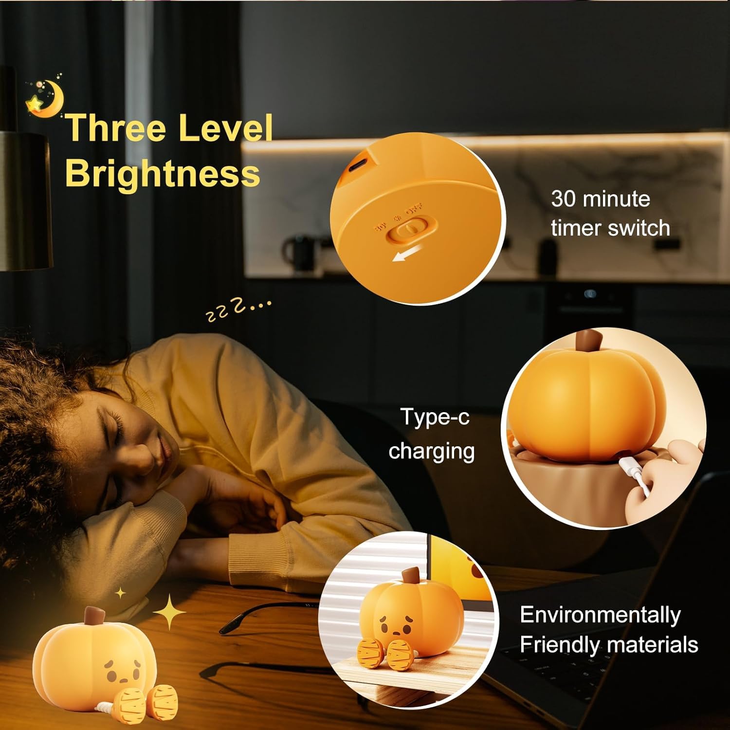 Veilleuse à citrouille,Lampe douce en forme de citrouille de LED, veilleuse lumineuse en silicone à intensité réglable pour chambre de bébé, lampe de