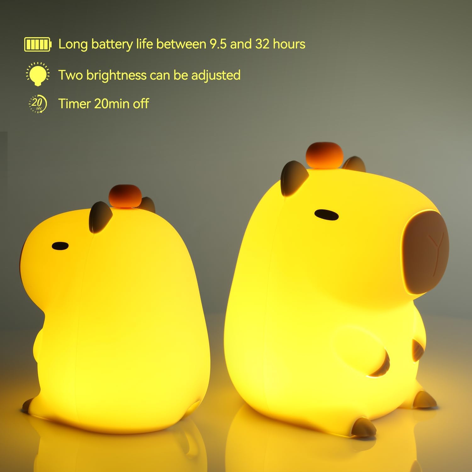 Veilleuse, lumières de nuit USB en capybara avec 2 niveaux de luminosité, lampes à intensité réglable en silicone à toucher pour enfants et bébé pour