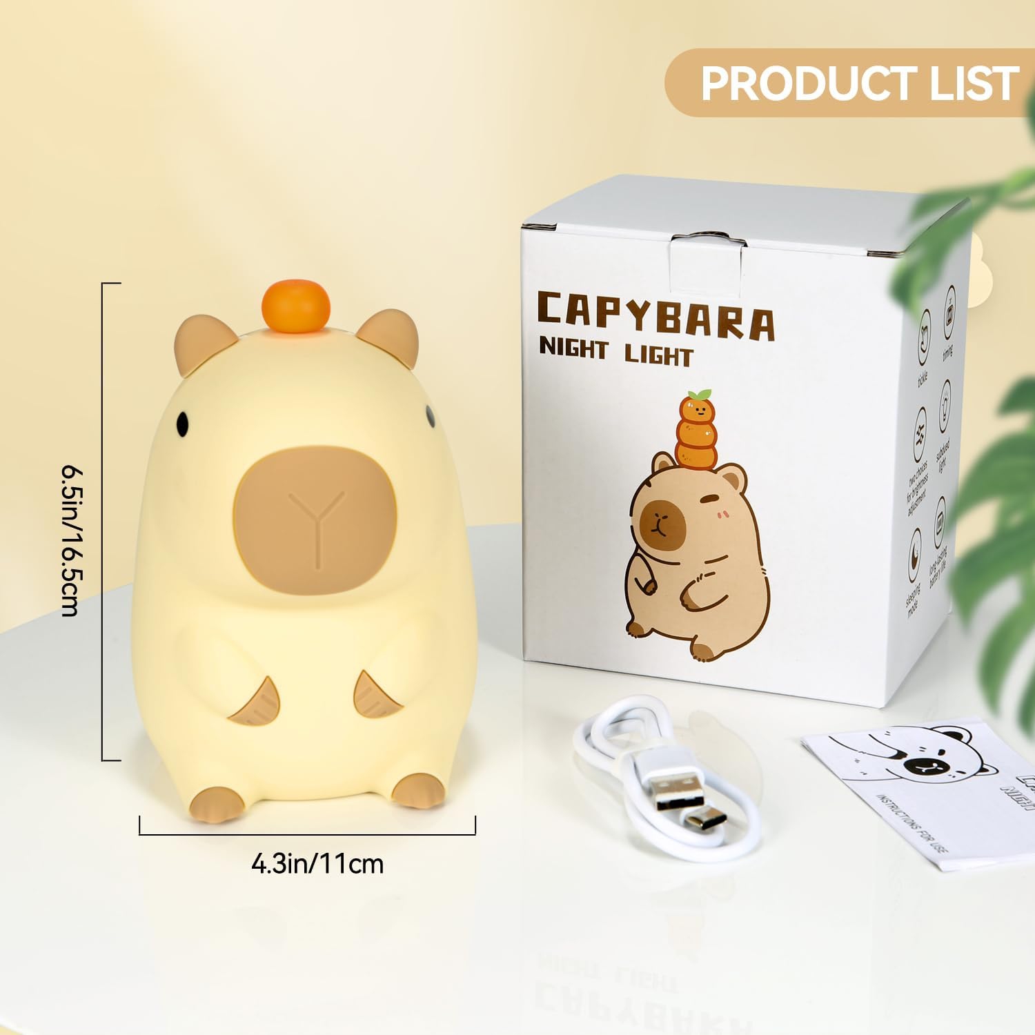 Veilleuse, lumières de nuit USB en capybara avec 2 niveaux de luminosité, lampes à intensité réglable en silicone à toucher pour enfants et bébé pour