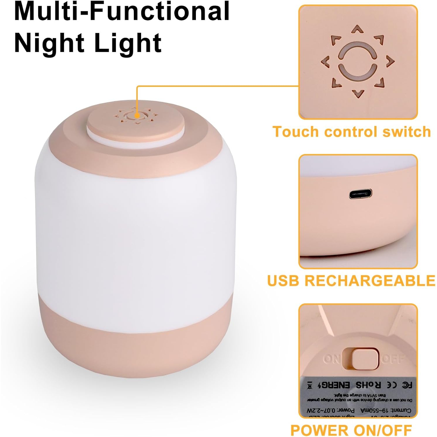 Baby Night Light for Kids, LED Touch Lamp, Stepless Dimming Nursery Lamp with 3 Colors, Breastfeeding, Diaper Change, Sleep Aid, USB Rechargeable
